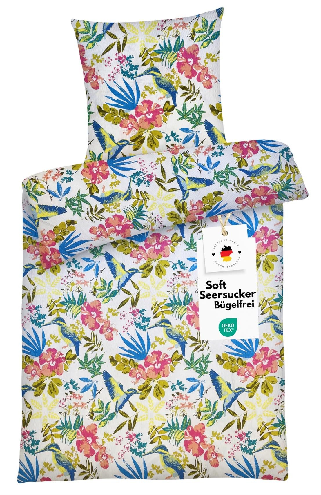 Carpe Sonno Bettwäsche Seersucker 135x200 Baumwolle Sommer Bügelfrei Blumen Vögel Tiere bunt, Seersucker, 2 teilig, Kühlende Bettwaren Bügelfrei Pflegeleicht Vögel bunt