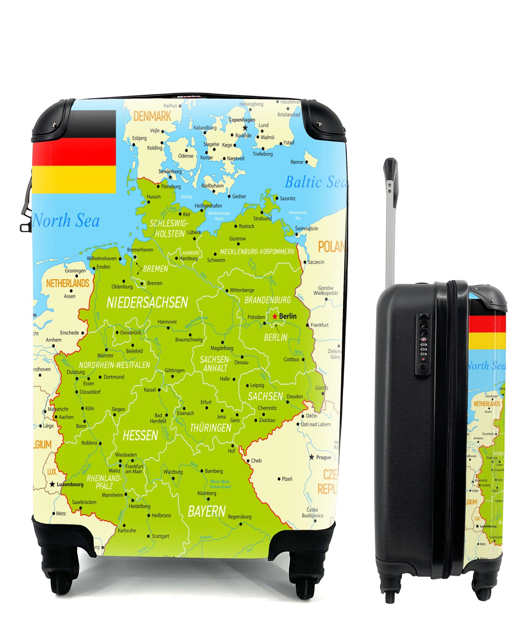 MuchoWow Handgepäckkoffer Bunte Deutschlandkarte, 4 Rollen, Reisetasche mit rollen, Handgepäck für Ferien, Trolley, Reisekoffer