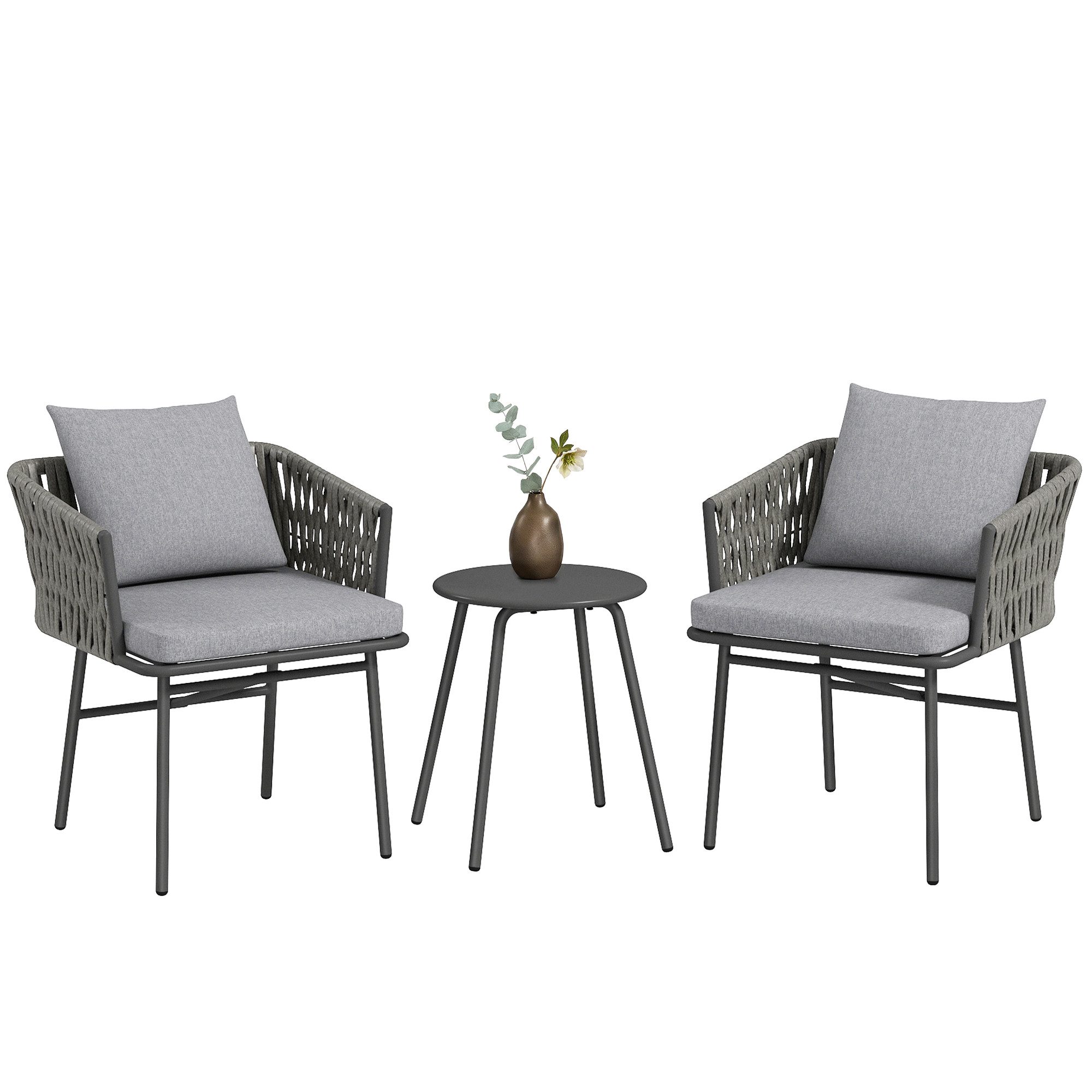Outsunny Sitzgruppe mit 2 Gartensesseln, Couchtisch, Kissen, (Gartengarnitur, 3-tlg., 3-tlg. Rattan Bistroset), für Garten, Terrasse, Stahl, Grau