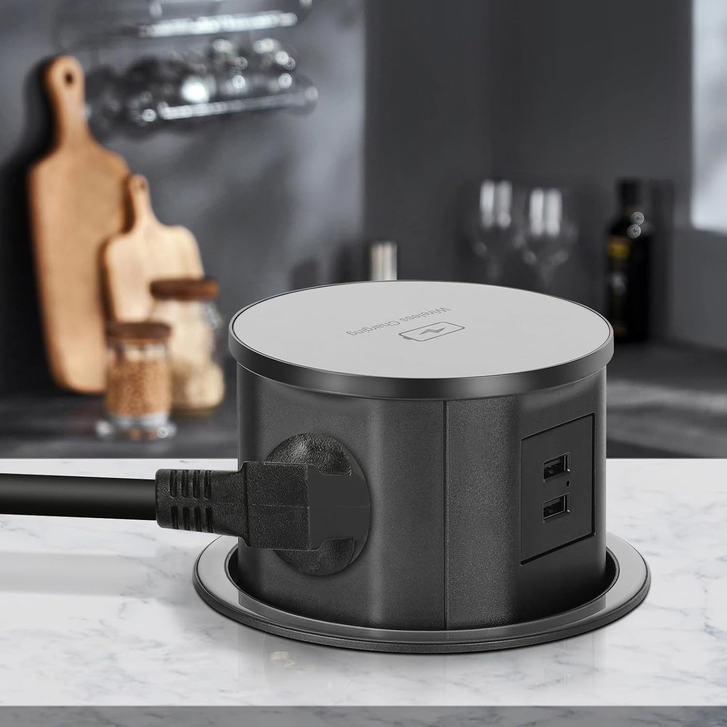 XERSEK 3 Fach + 2 USB Einbausteckdose Steckerleiste Wireless Charger Qi Einbau-Tischsteckdose (Ladegerät 3680W Versenkbare Mehrfachsteckdose, Kabellänge 1.8 m), Steckdosenleiste mit 1.8M Kabel,3680W/16A, D 120MM