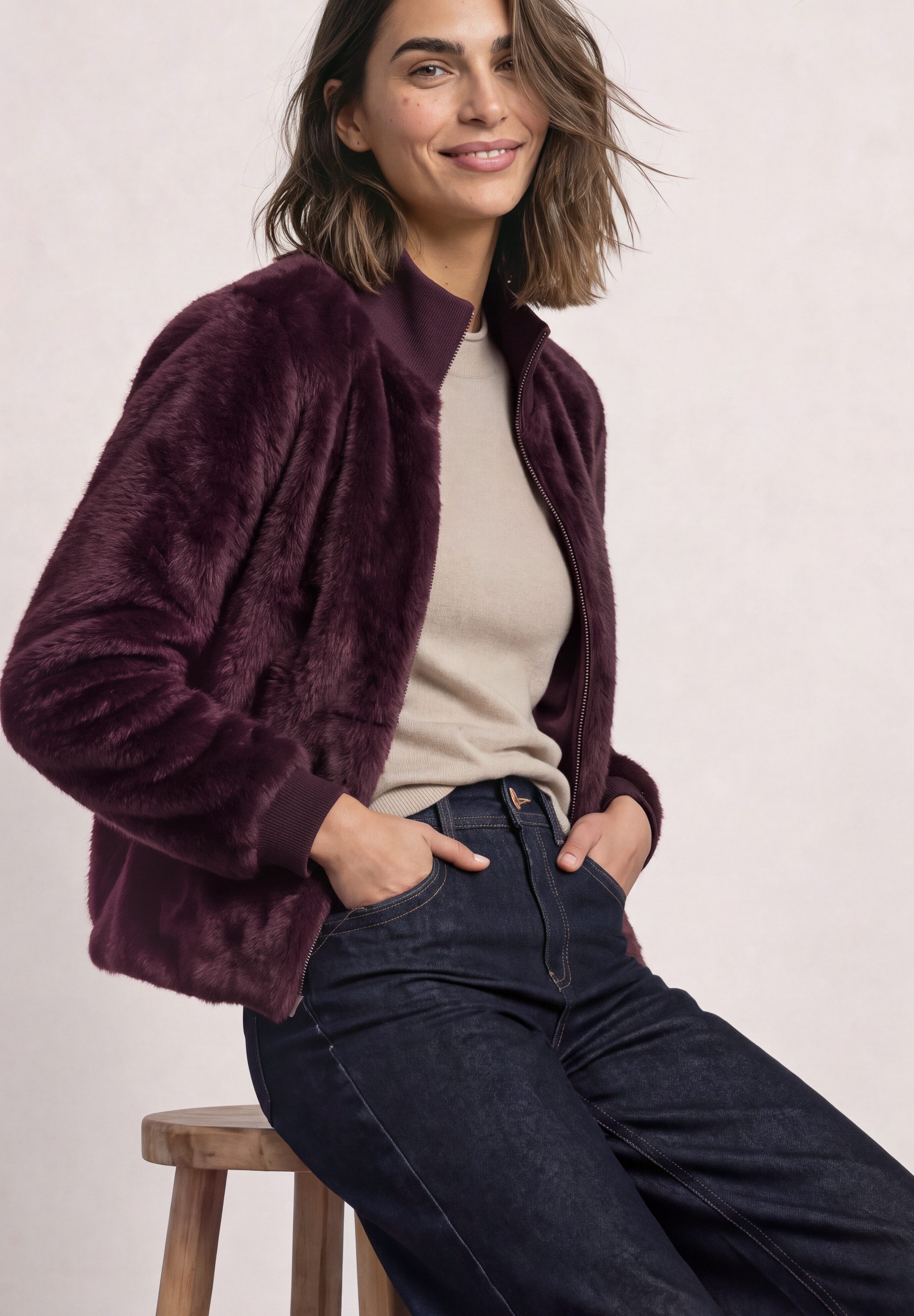 STREET ONE Blouson Fake Fur Blouson mit Strickdetails und Leo-Optik