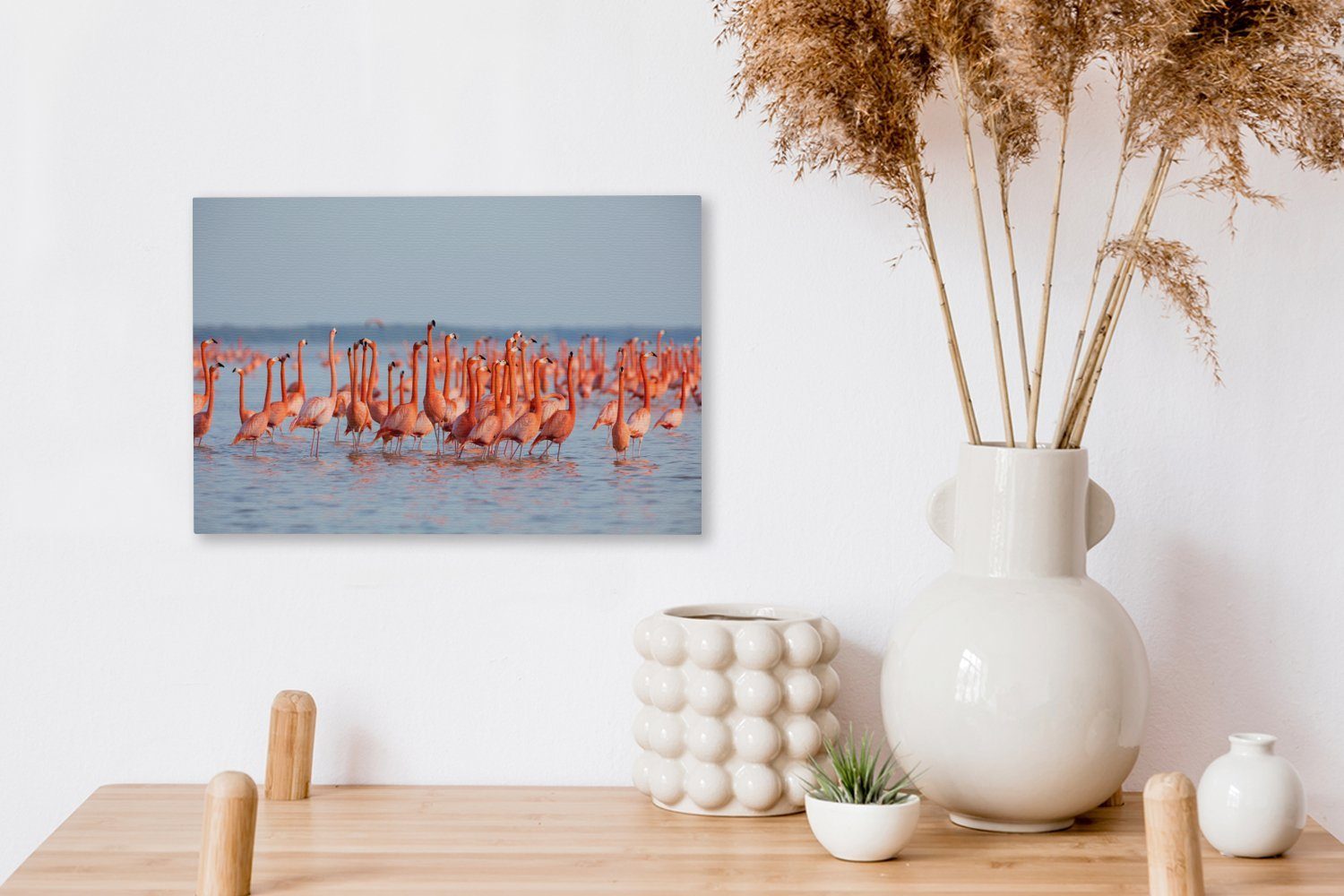 Leinwandbilder, Wasser, Aufhängefertig, 30x20 Wanddeko, Leinwandbild von Wandbild (1 Große St), Flamingos OneMillionCanvasses® cm Gruppe im