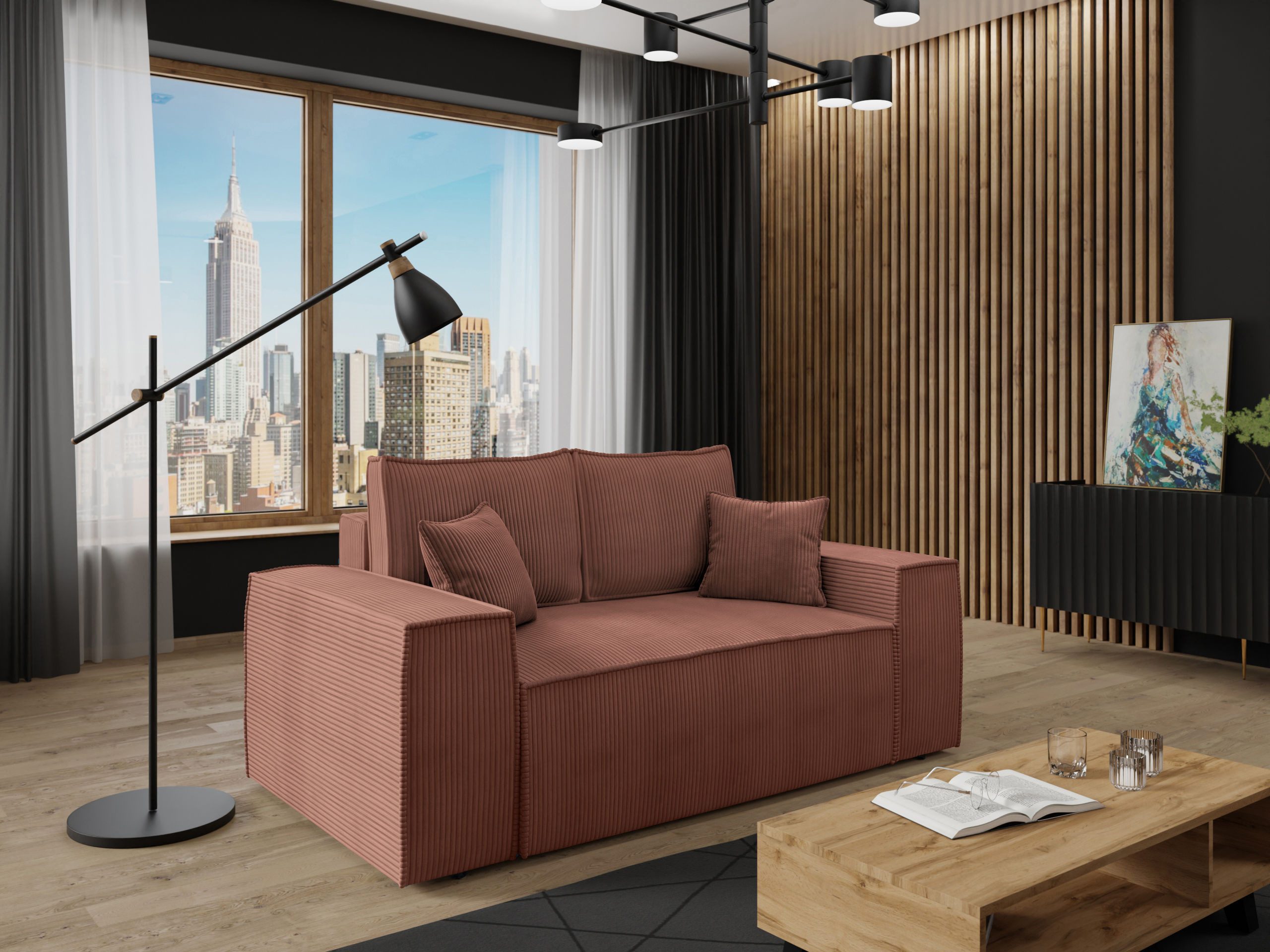 MIRJAN24 Schlafsofa Malaga Small Cord, mit Bettkasten und Schlaffunktion, Rückenlehne in Form beweglicher Kissen