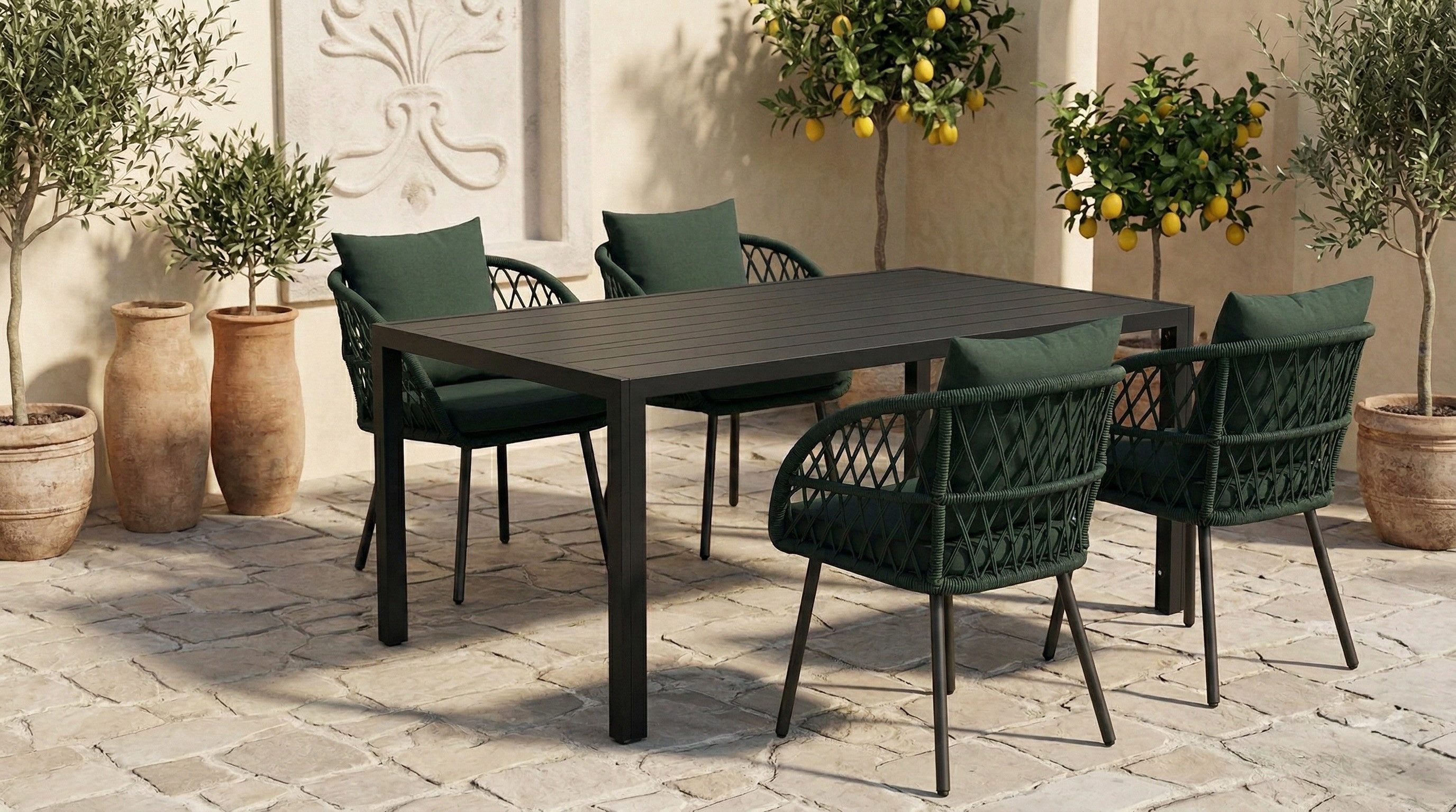 MCW Garten-Essgruppe Essgruppe Garten Alu Essgruppe Set Tisch mit 4 / 6 Geflecht Stühlen, (5-tlg)