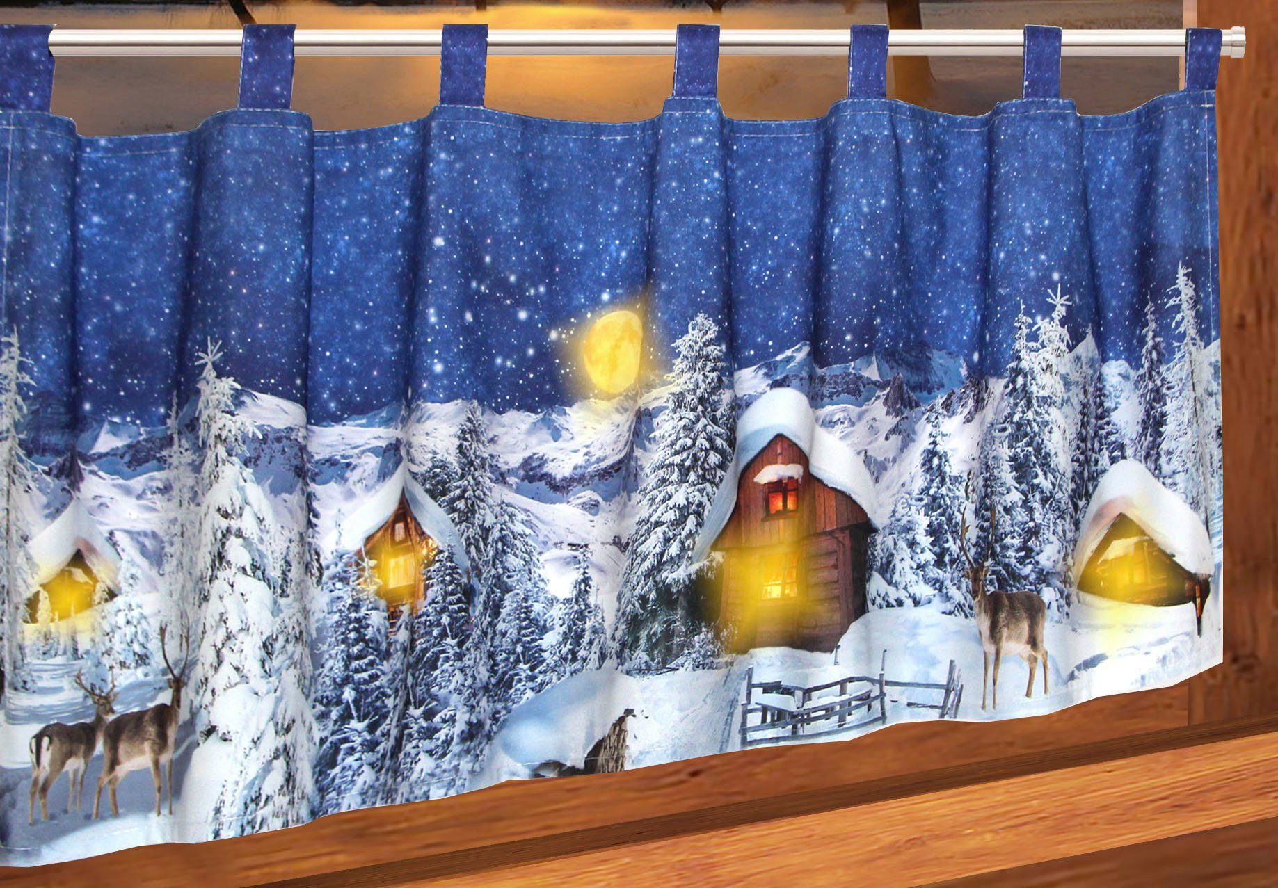 Scheibengardine Weihnachtsdorf, Delindo Lifestyle, Schlaufen (1 St),  blickdicht, Microfaser, mit Schlaufenaufhängung, für die Küche, mit  LED-Beleuchtung | Scheibengardinen
