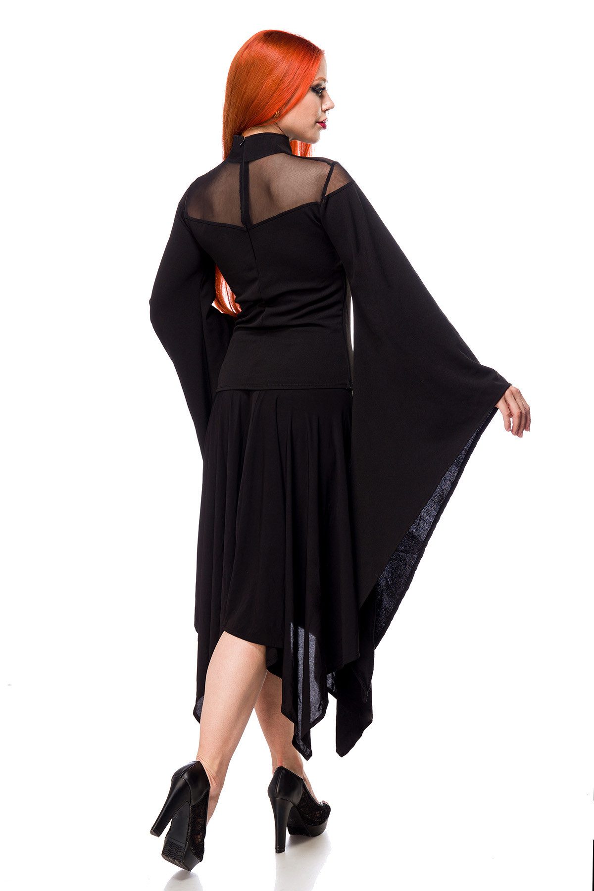 Ocultica Minikleid Schwarzes Gothic Kleid mit Netzeinsatz, weiten Trompetenärmeln und Rei gothic
