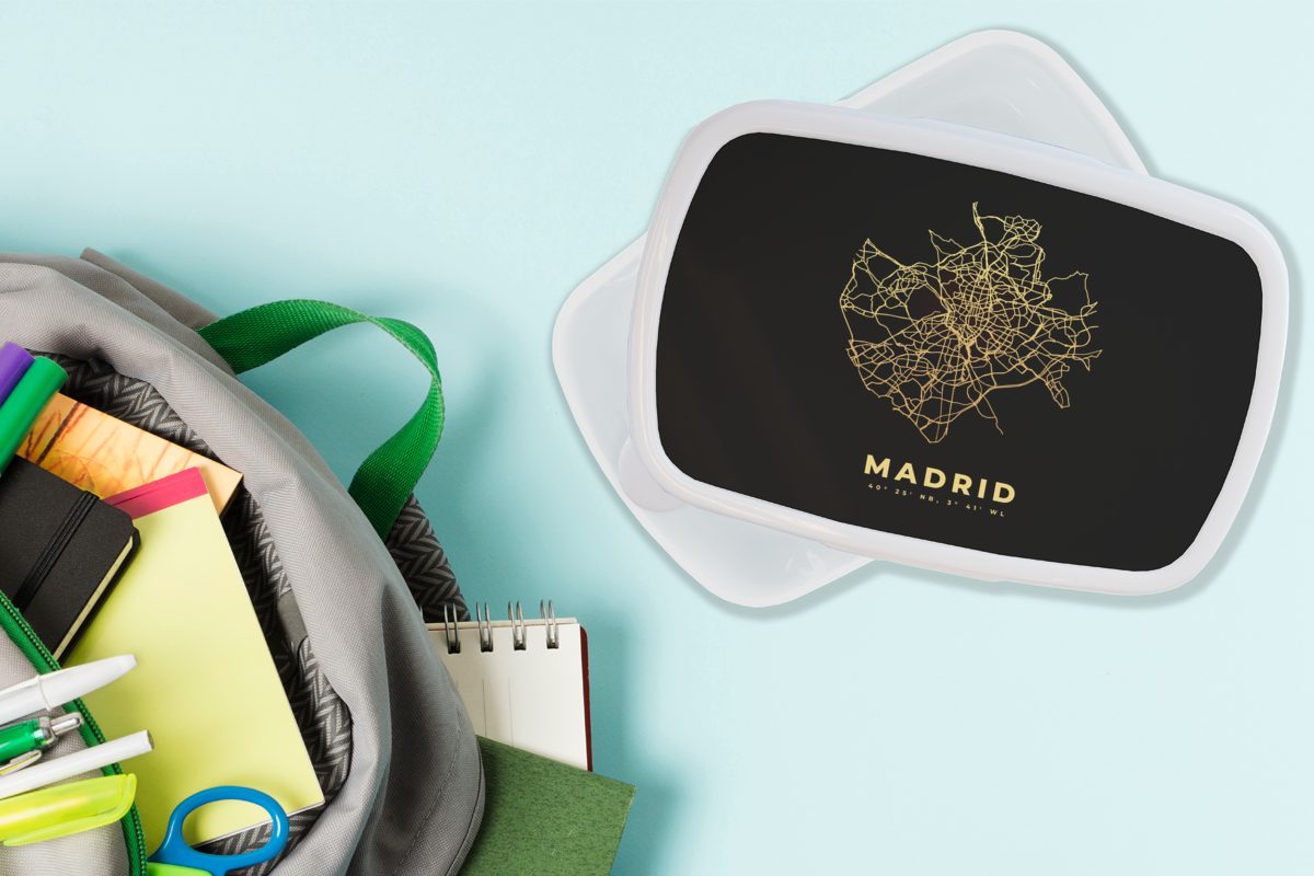 für weiß - Gold, Spanien Karte Mädchen Brotdose, Kinder Madrid - Brotbox Jungs Lunchbox für (2-tlg), MuchoWow und Kunststoff, und - Erwachsene,