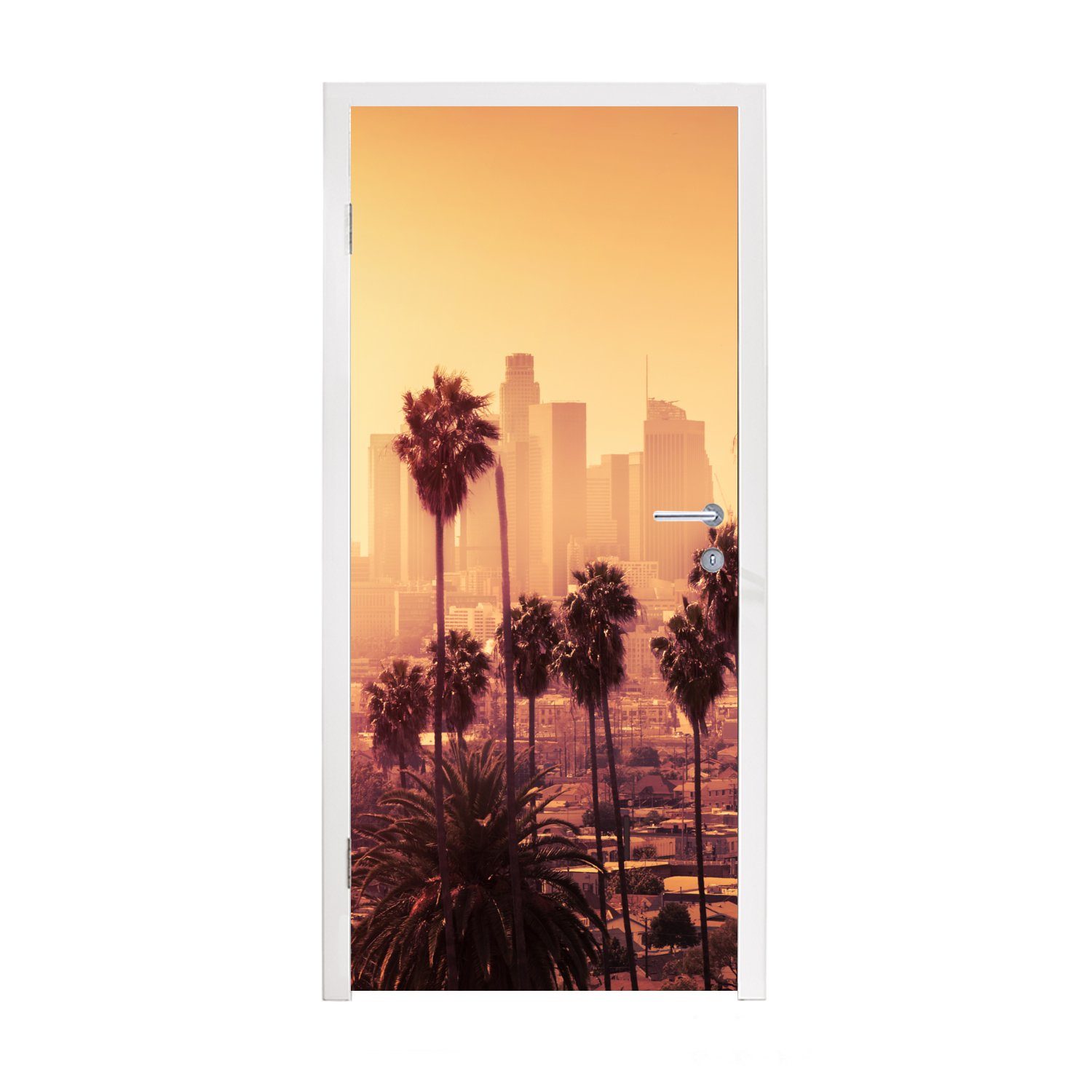 MuchoWow Türtapete Palme - Skyline - Sonnenuntergang - Architektur, Matt, bedruckt, (1 St), Fototapete für Tür, Türaufkleber, 75x205 cm