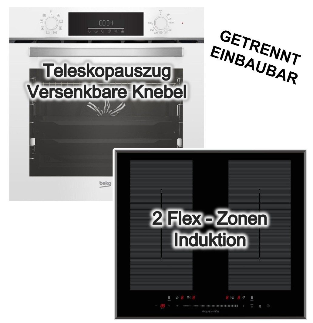 BEKO Backofen-Set Einbaubackofen Teleskopauszug weiß+Wolkenstein Induktionskochfeld Flex, mit 1-fach Teilauszug
