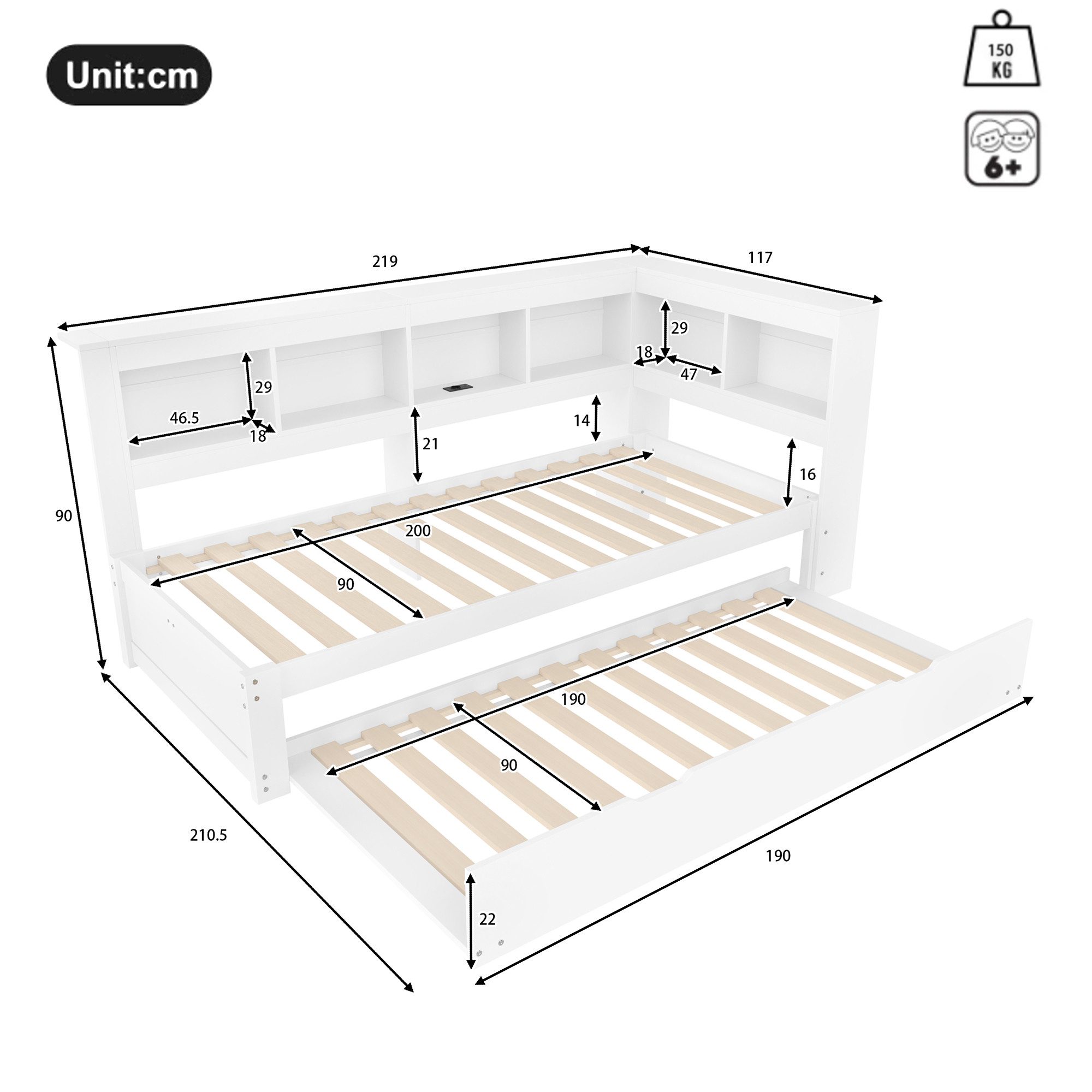 Merax Daybett mit Steckdose und 2 USB-Anschlüssen (Kiefer Sofabett Kinderbett Jugendbett, 1 tlg), Schlafsofa Tagesbett 90x200cm mit Ausziehbett 90x190cm & Stauf – Bild 5 von 5