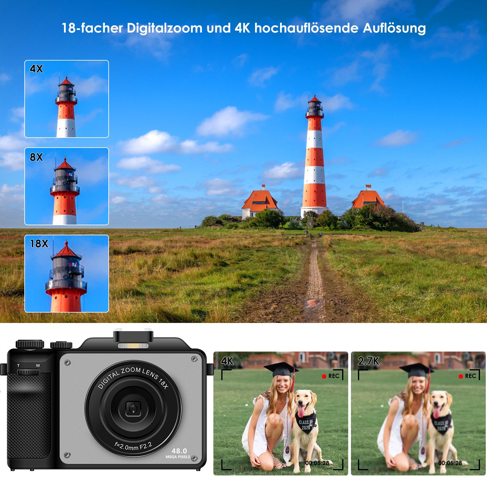 Fine Life Pro 48MP Digital Camera, 4K HD 1080P Photo Camera, Kompaktkamera (inkl. Built-in 7 Colour Filters, 18X Digital Zoom with, Two Cameras on the Front and Back, 64GB TF Card, WiFi Functionality)