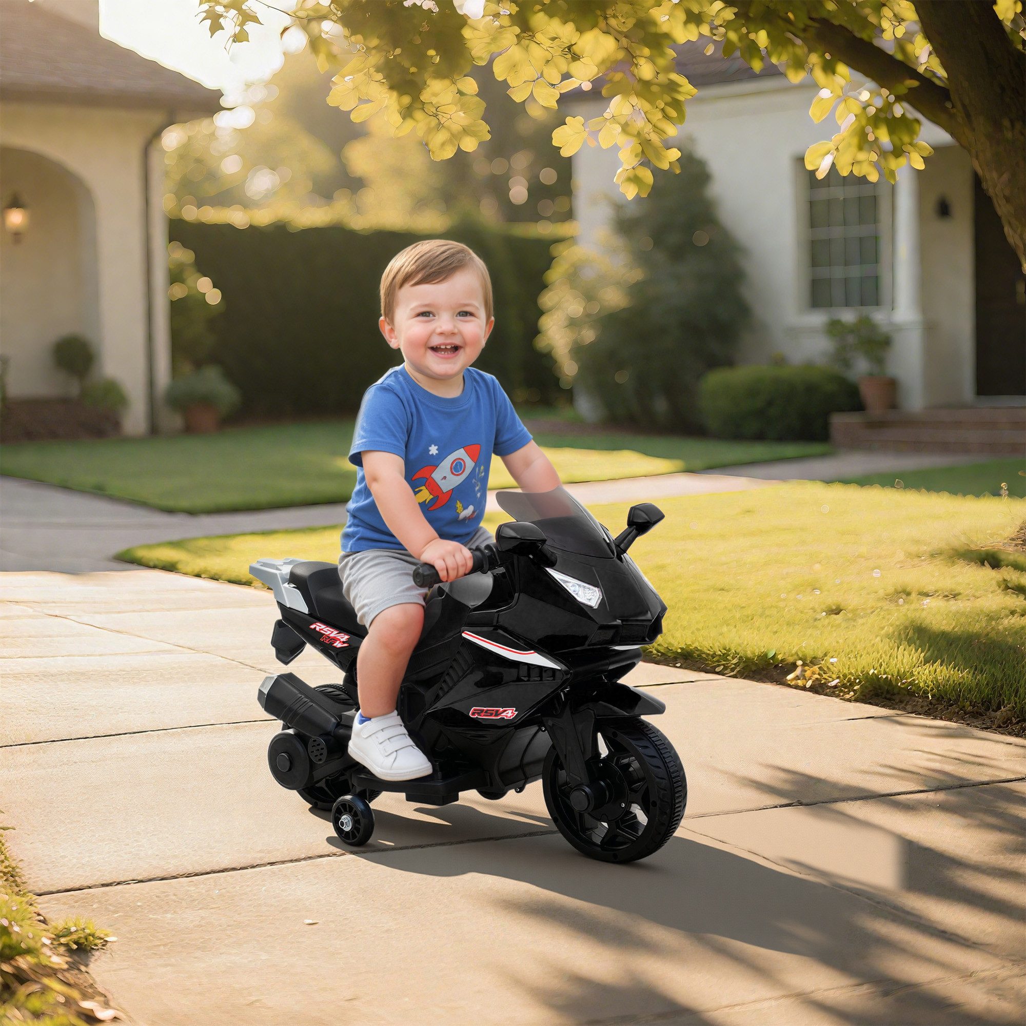 AIYAPLAY Elektro-Kindermotorrad mit USB, Stützrädern, Musik, Hupe, Scheinwerfer, Belastbarkeit 25 kg, (1-tlg), für Kinder 1,5–3 Jahren Schwarz