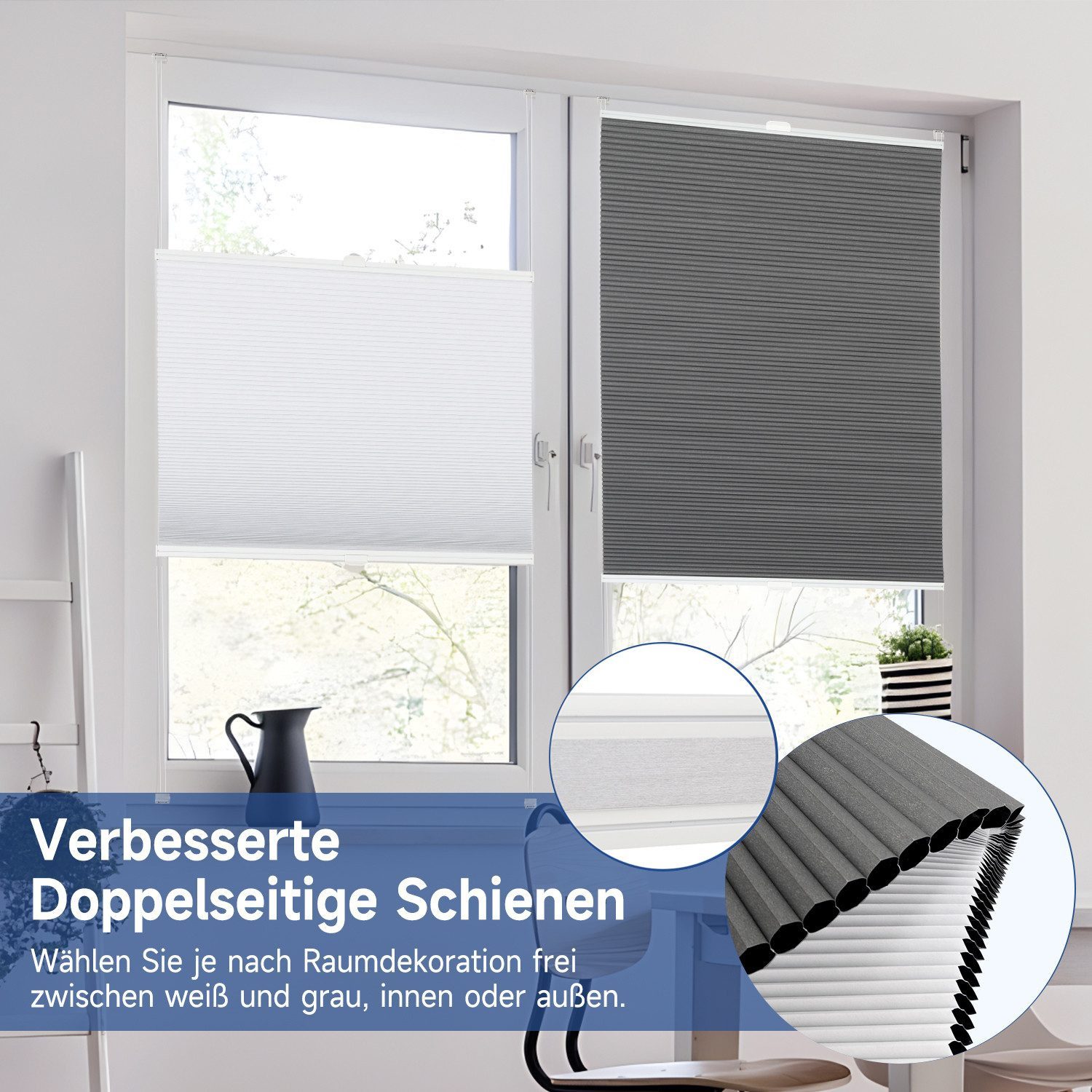 Sekey Wabenplissee Plissee ohne Bohren Verdunkelung Rollo 100% verdunkelnd Blickdicht, verdunkelnd, Klemmfix, Doppelseitige Schiene, beidseitig wählbar in Grau- – Bild 2 von 5