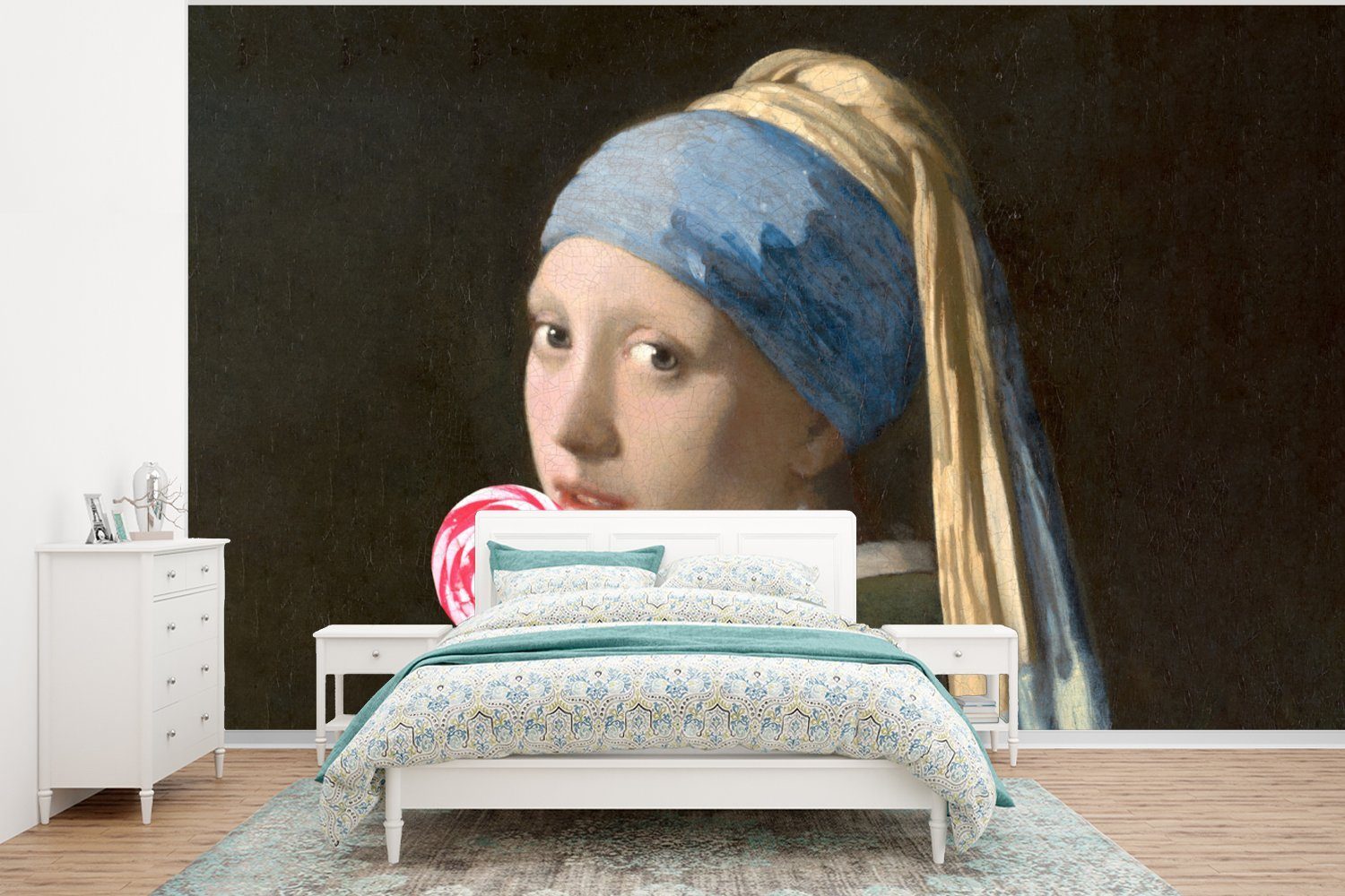 MuchoWow Fototapete Das Mädchen mit dem Perlenohrring - Vermeer - Süßigkeiten, Matt, bedruckt, (6 St), Wallpaper für Wohnzimmer, Schlafzimmer, Kinderzimmer, Vinyl Tapete