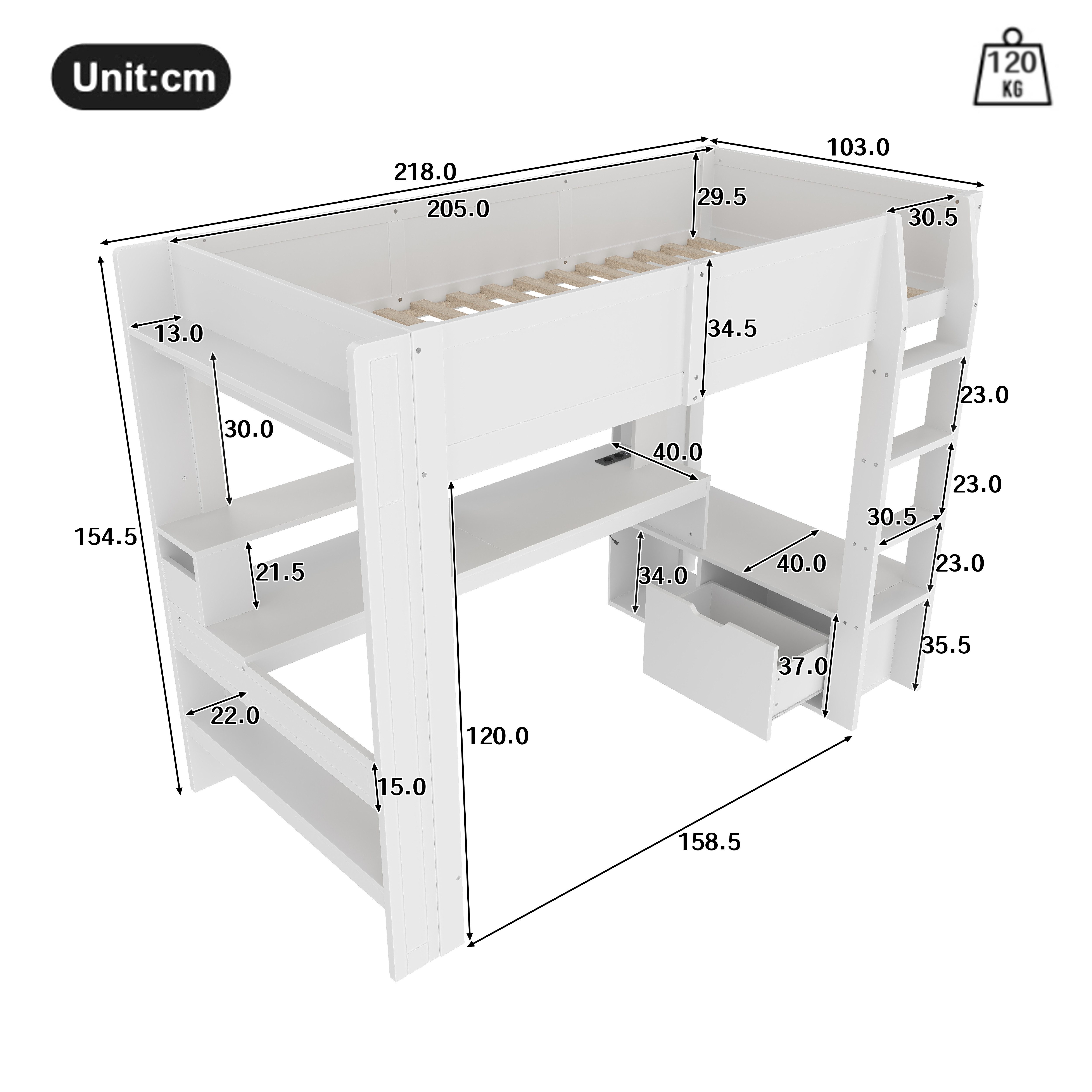 Flieks Hochbett Kinderbett 90x200cm mit LED, Aufladen, Schreibtisch und Stauraum – Bild 5 von 5