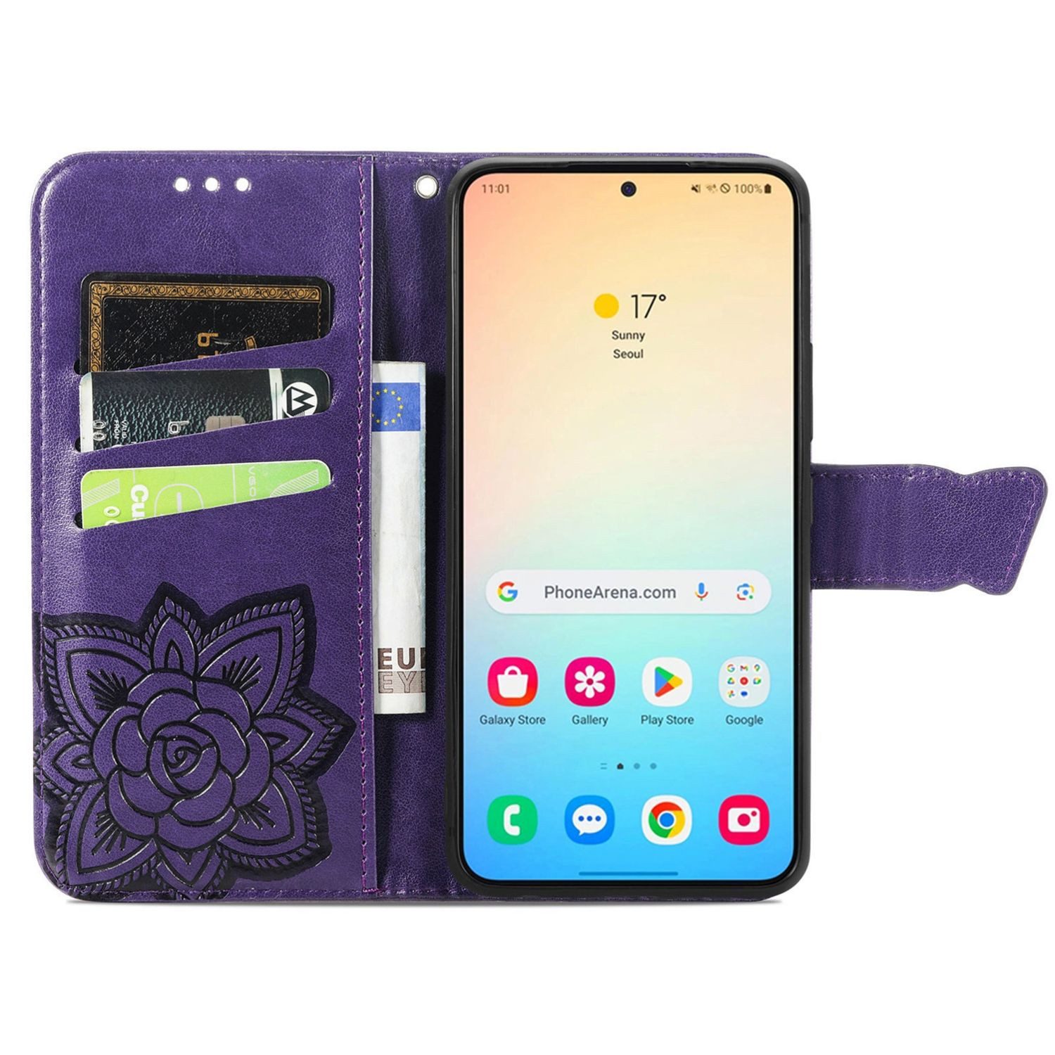 Wigento Smartphone-Hülle Für Samsung Galaxy S25 5G Kunstleder Wallet Schmetterling Hülle Lila, Kunst-Leder Schutzhülle Smart Case Cover magnetischer Verschluss