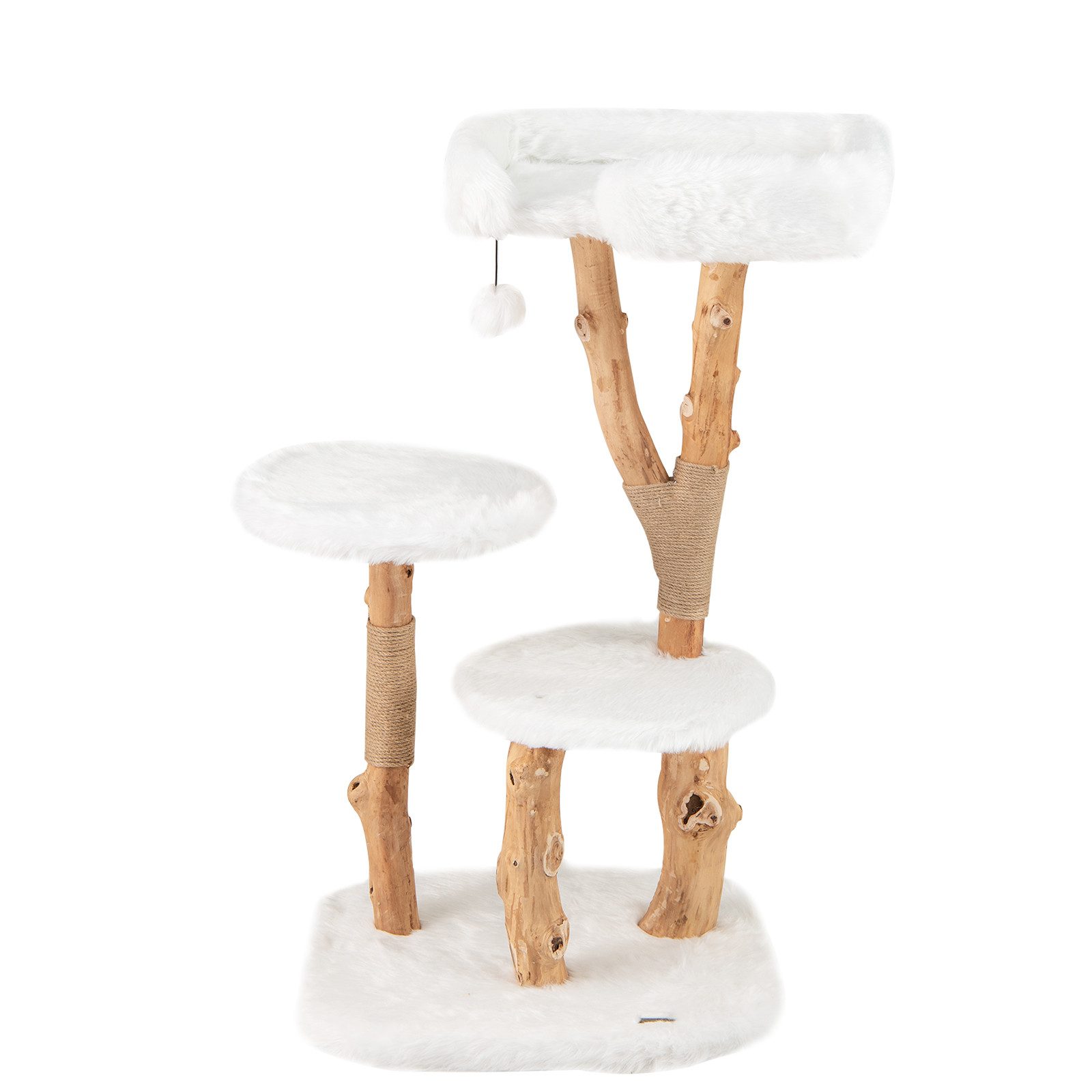 COSTWAY Kratzbaum, mit Plüschsitzfläche & 2 Plattformen & Spielball, Massivholz