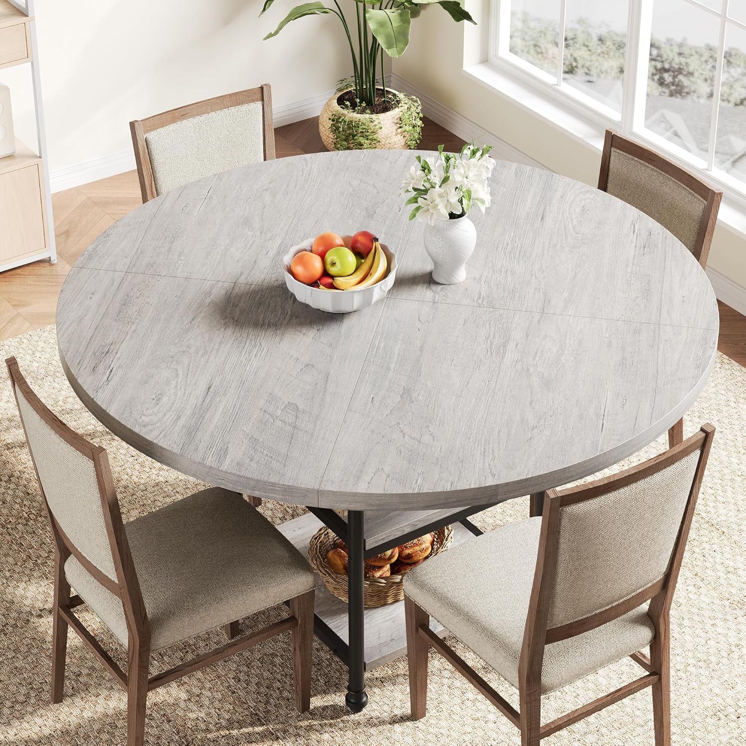 GarveeMore Esstisch mit Holzplatte und Metallbeinen für 4-6 Personen,119cm, Küchentisch mit 2 Ablageflächen und für Esszimmer,Küche,Wohnzimmer