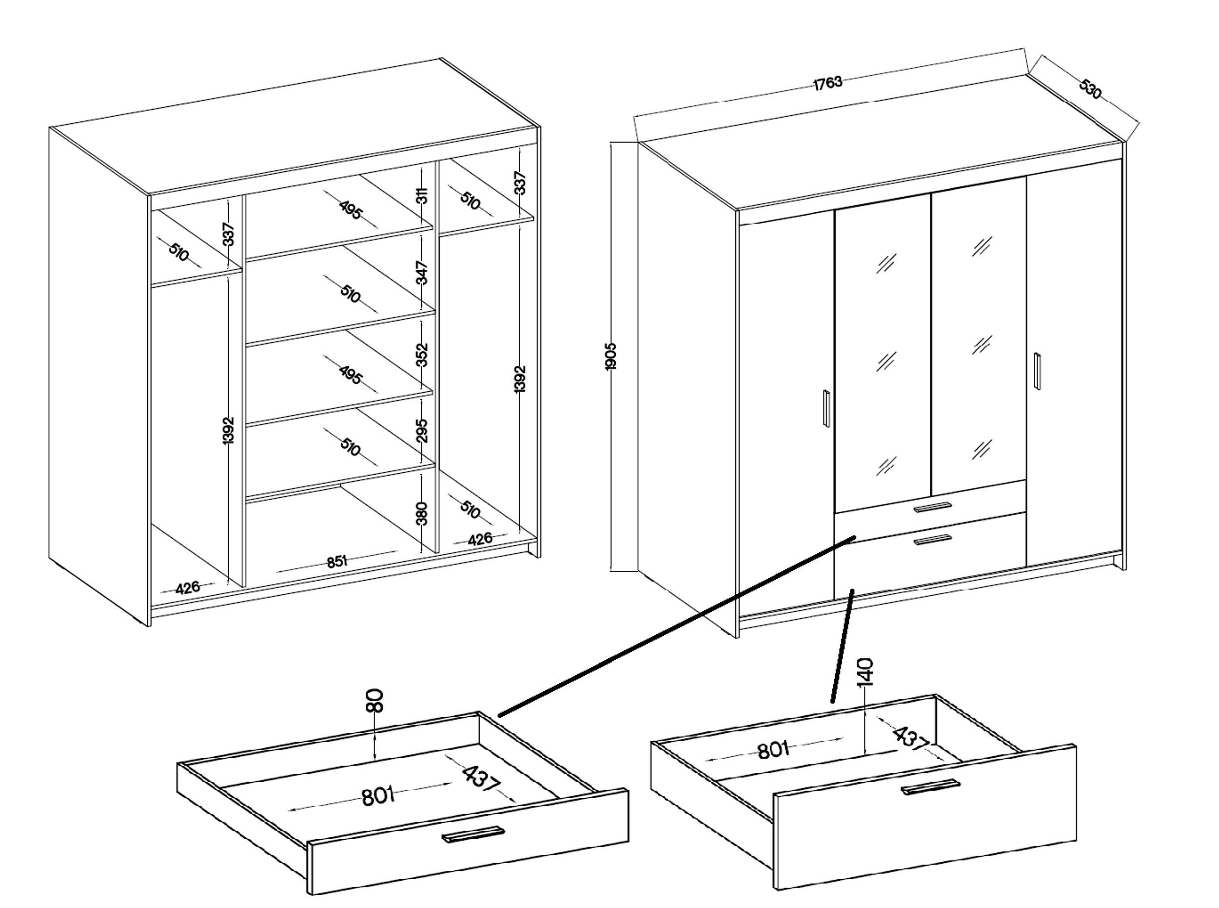 4türig Wäscheschrank Drehtürenschrank Weiss Kleiderschrank Schrank Küchen-Preisbombe Elena Spiegel