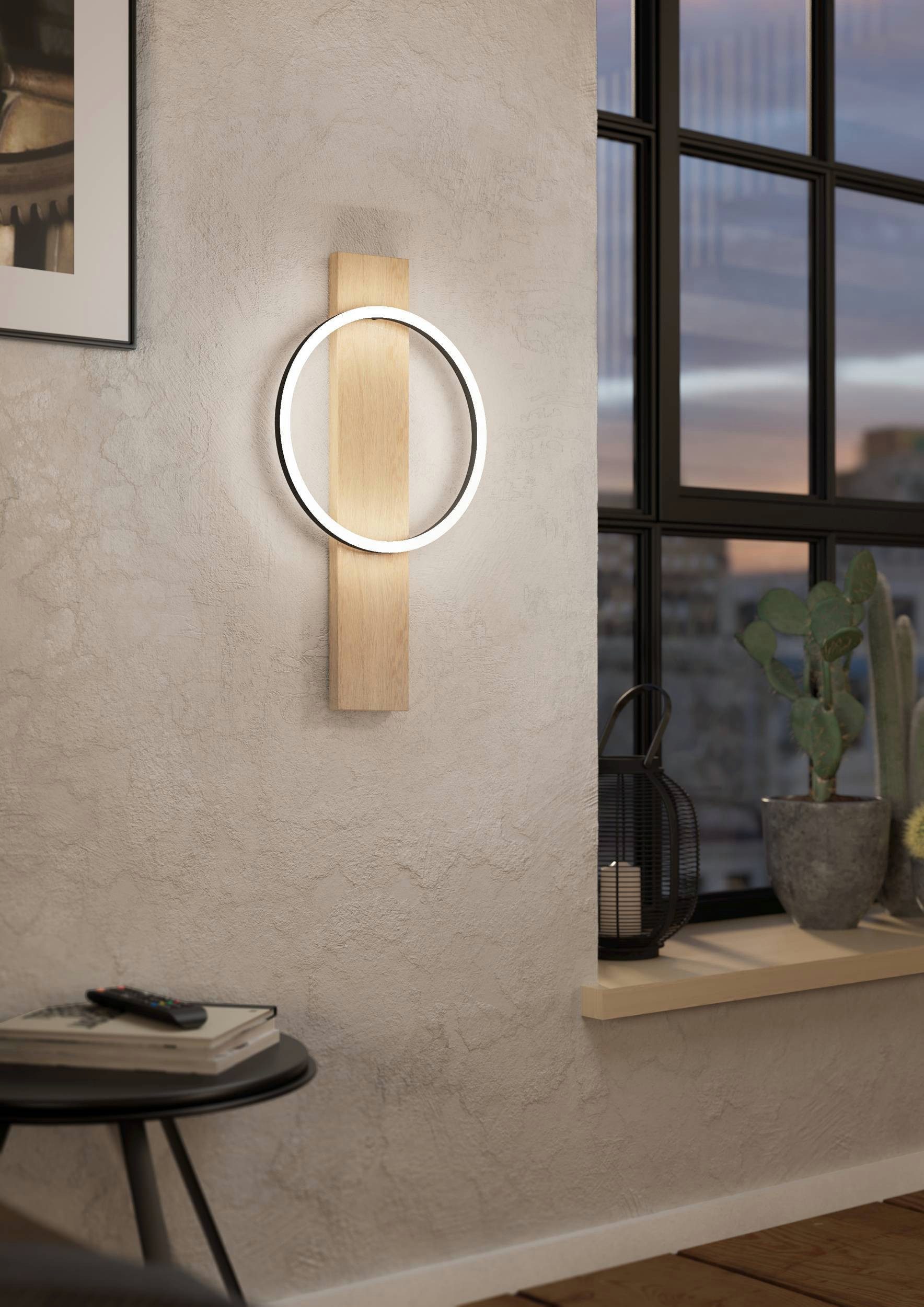 EGLO Wandleuchte Boyal Wandlampe, FSC zerifiziert, Holz, Metall, Flurlampe, Lampe, LED fest integriert, Warmweiß, Wand-/Deckenleuchte - L30 x H56 x AL7,5 cm - schwarz, braun