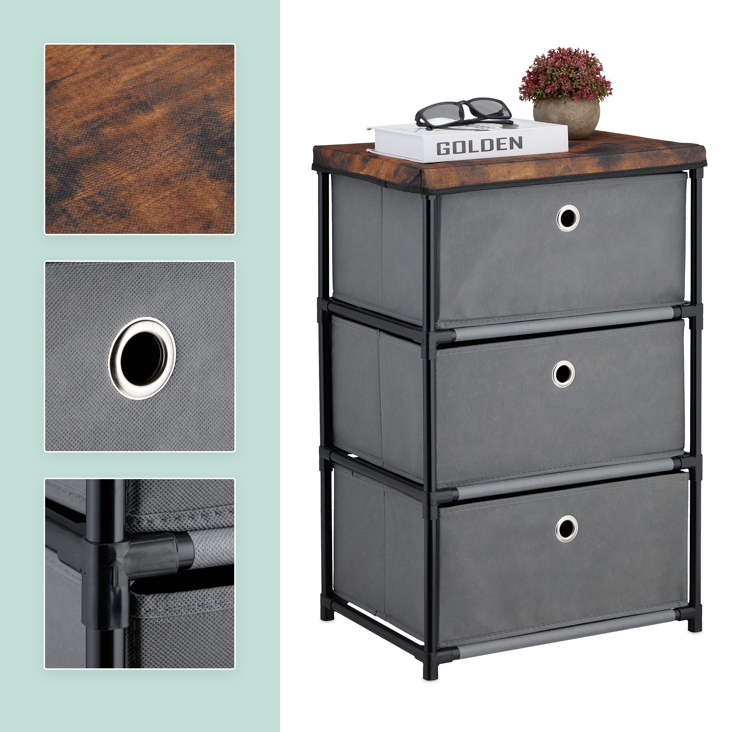 relaxdays Kommode Holzoptik mit Stoffschublade, grau