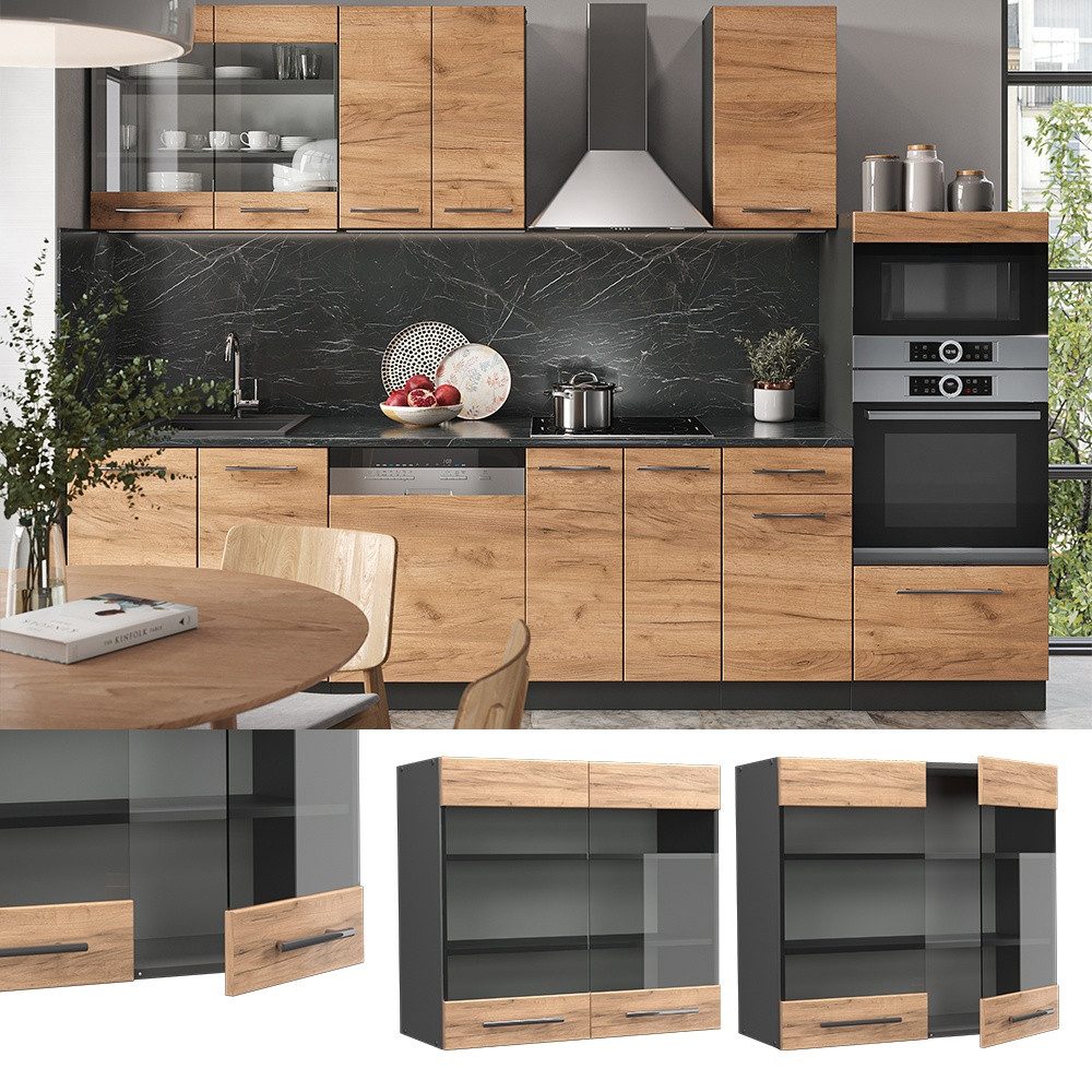 Vicco Glashängeschrank Fame-Line, Goldkraft Eiche/Anthrazit, 80 cm (1-St)