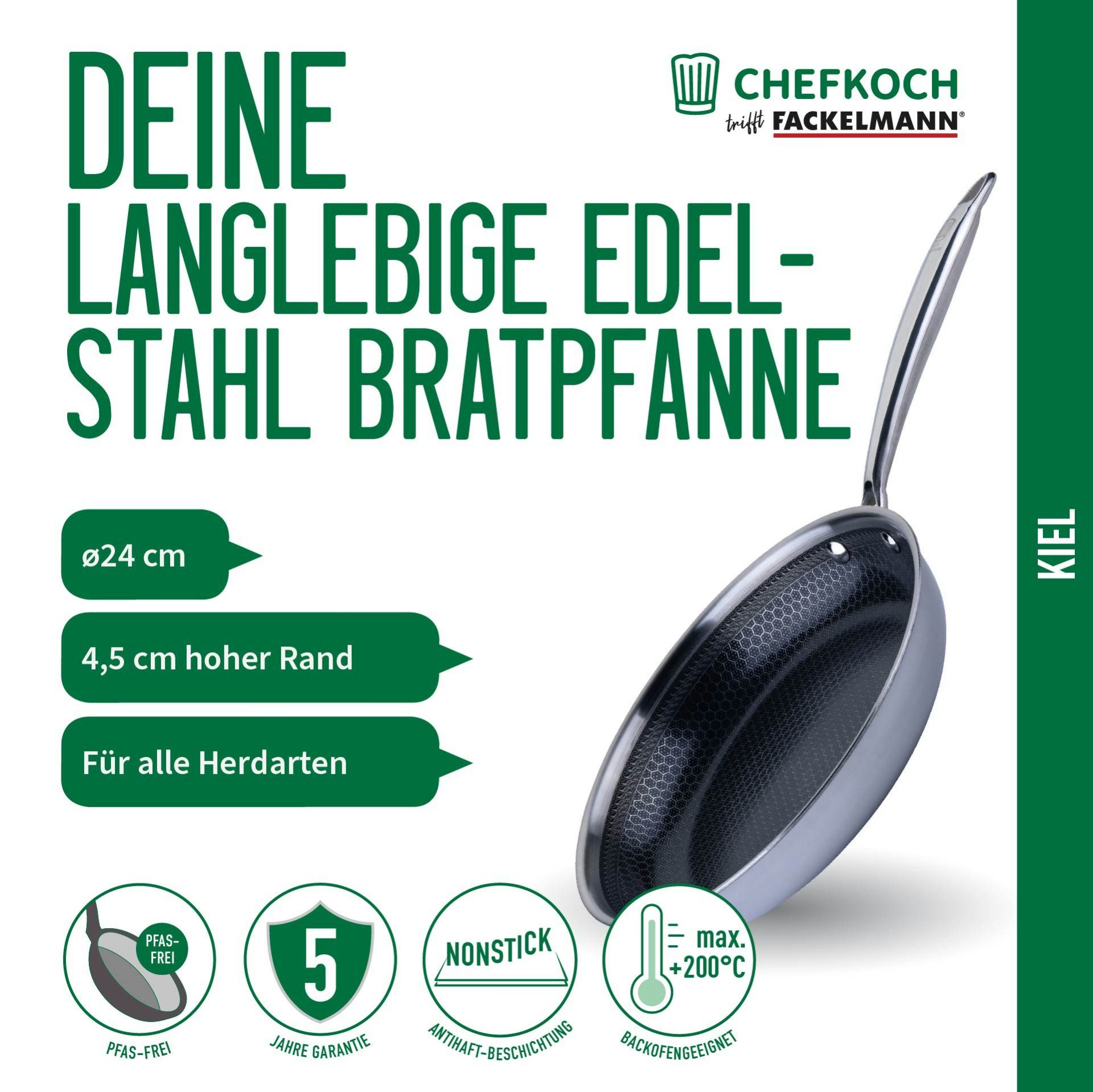 Chefkoch trifft Fackelmann Bratpfanne Tri-Ply, Ø 24 cm, Edelstahl, Induktion/- backofengeeignet – Bild 2 von 5
