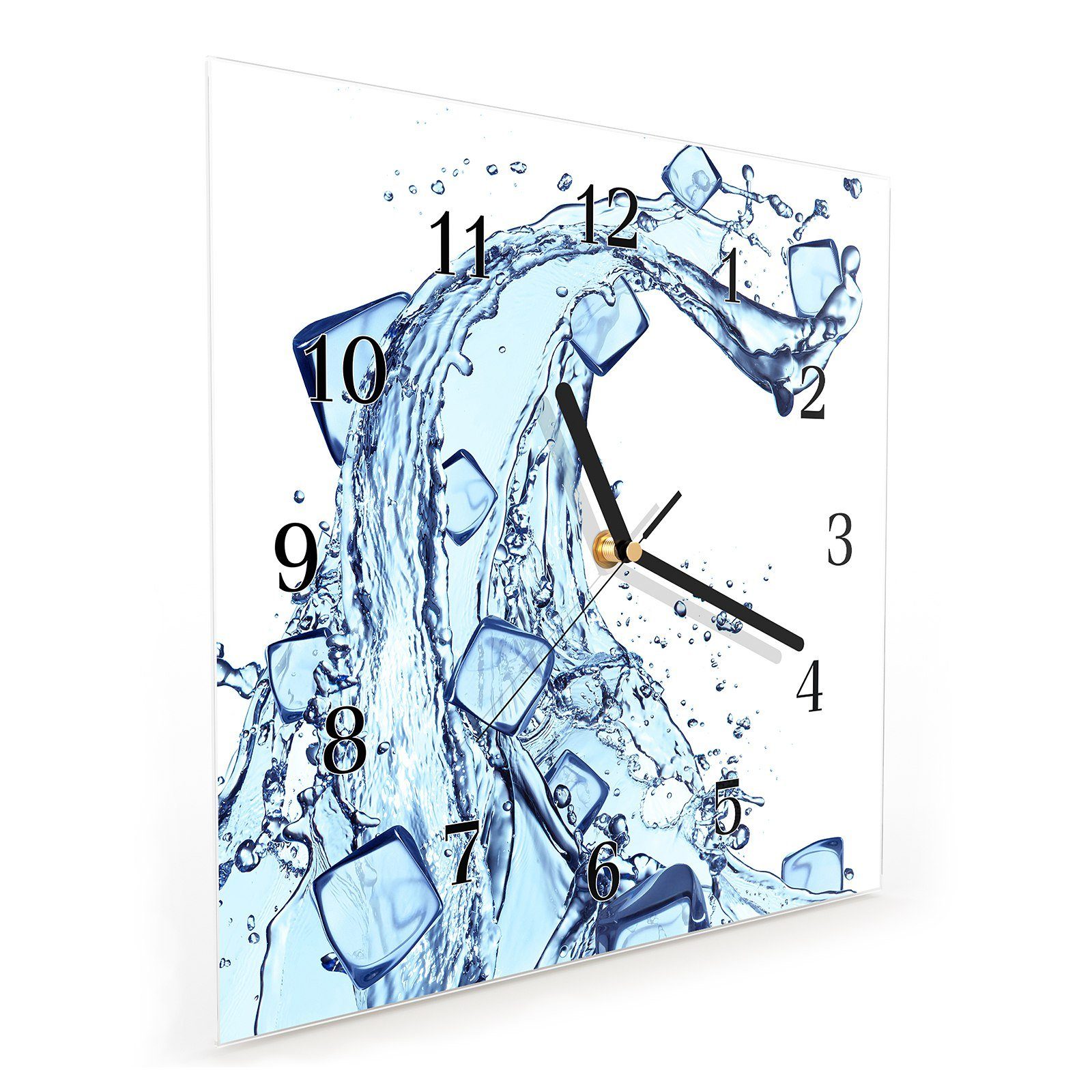 x Wandkunst Größe Motiv Blaue mit 30 Glasuhr cm Wanduhr Wasserwelle Wanduhr Primedeco 30