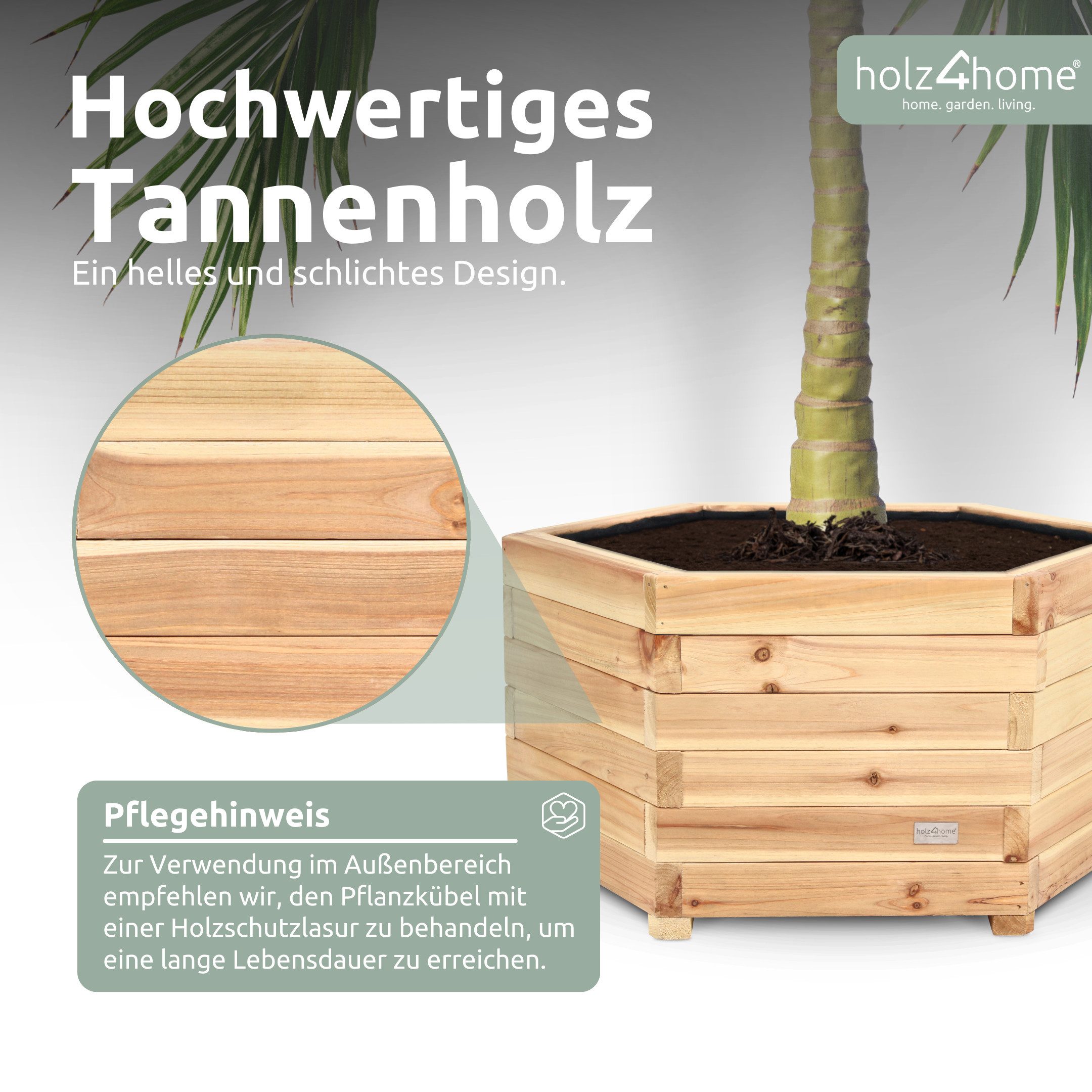 holz4home® Pflanzkübel 6-eckig aus Tannenholz I Outdoor Blumenkübel für Garten Balkon, inkl. Gartenhandschuhe & Vlies