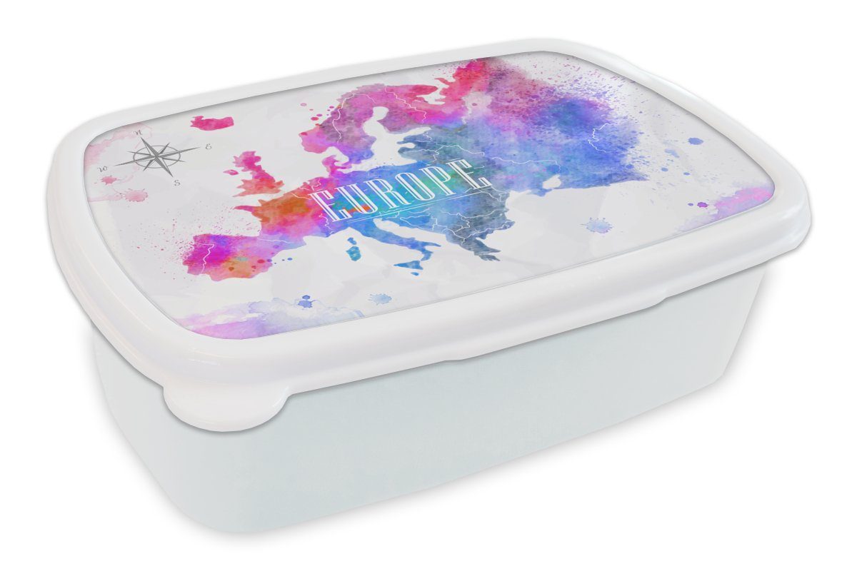 MuchoWow Lunchbox Farben - Wasserfarben - Europa, Kunststoff, (2-tlg), Brotbox für Kinder und Erwachsene, Brotdose, für Jungs und Mädchen weiß