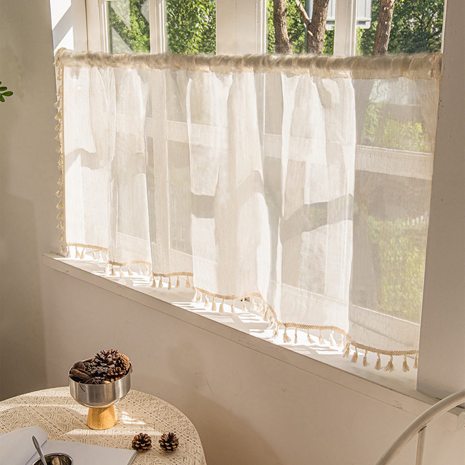 BTTO V&G Scheibengardine Bistrogardine,Kurz Gardinen mit Quasten,Kleines Fe günstig online kaufen