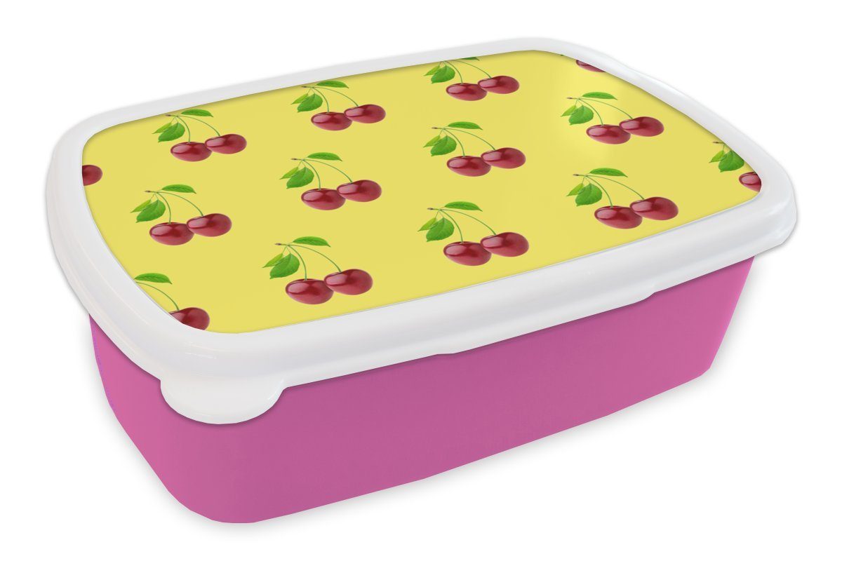 MuchoWow Lunchbox Kirschen - Rot - Muster, Kunststoff, (2-tlg), Brotbox für Erwachsene, Brotdose Kinder, Snackbox, Mädchen, Kunststoff rosa