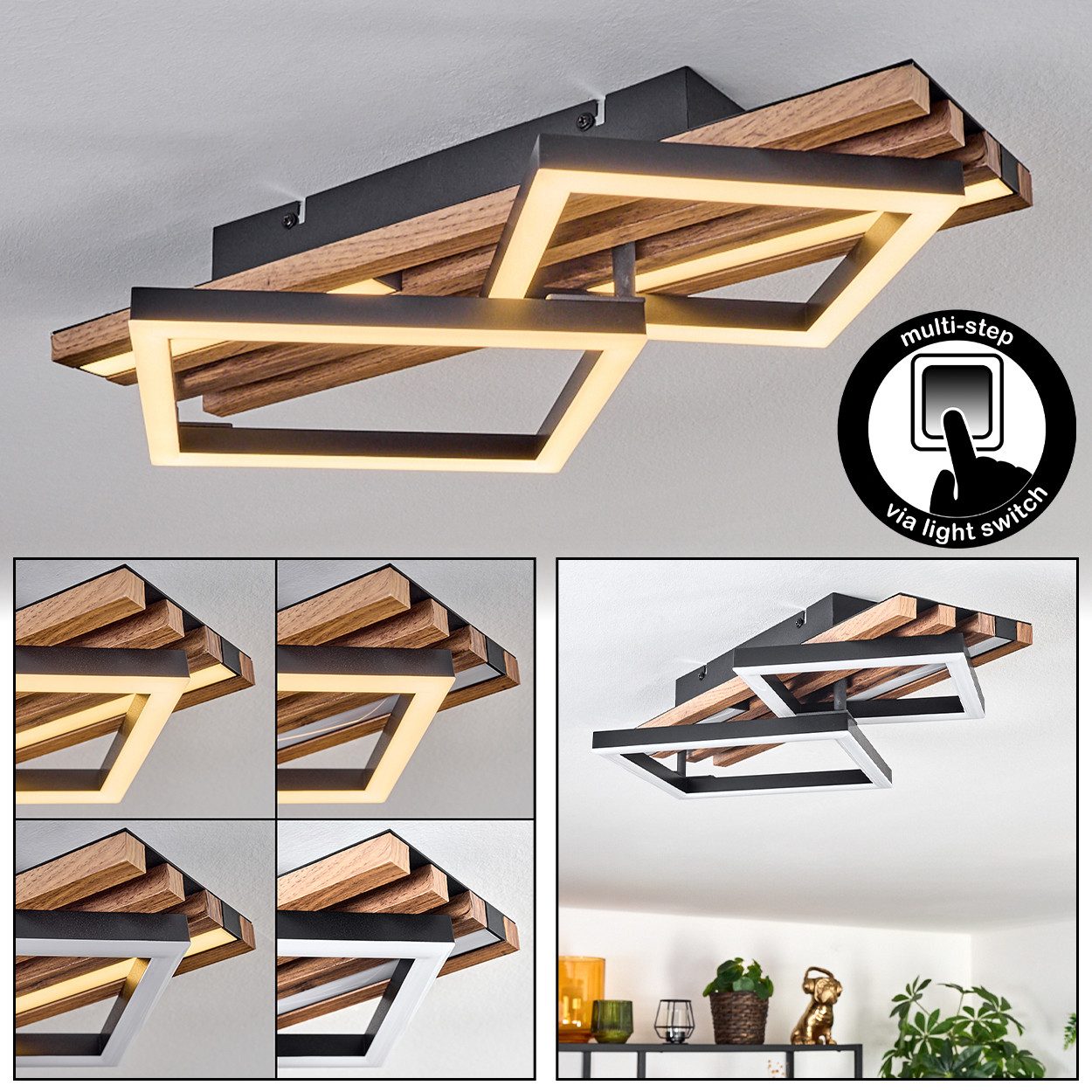 hofstein Deckenleuchte Deckenlampe aus Metall/MDF/Kunststoff in Schwarz/Holzoptik/Weiß, ohne Leuchtmittel, moderne Deckeneuchte mit Multi-Step-Funktion