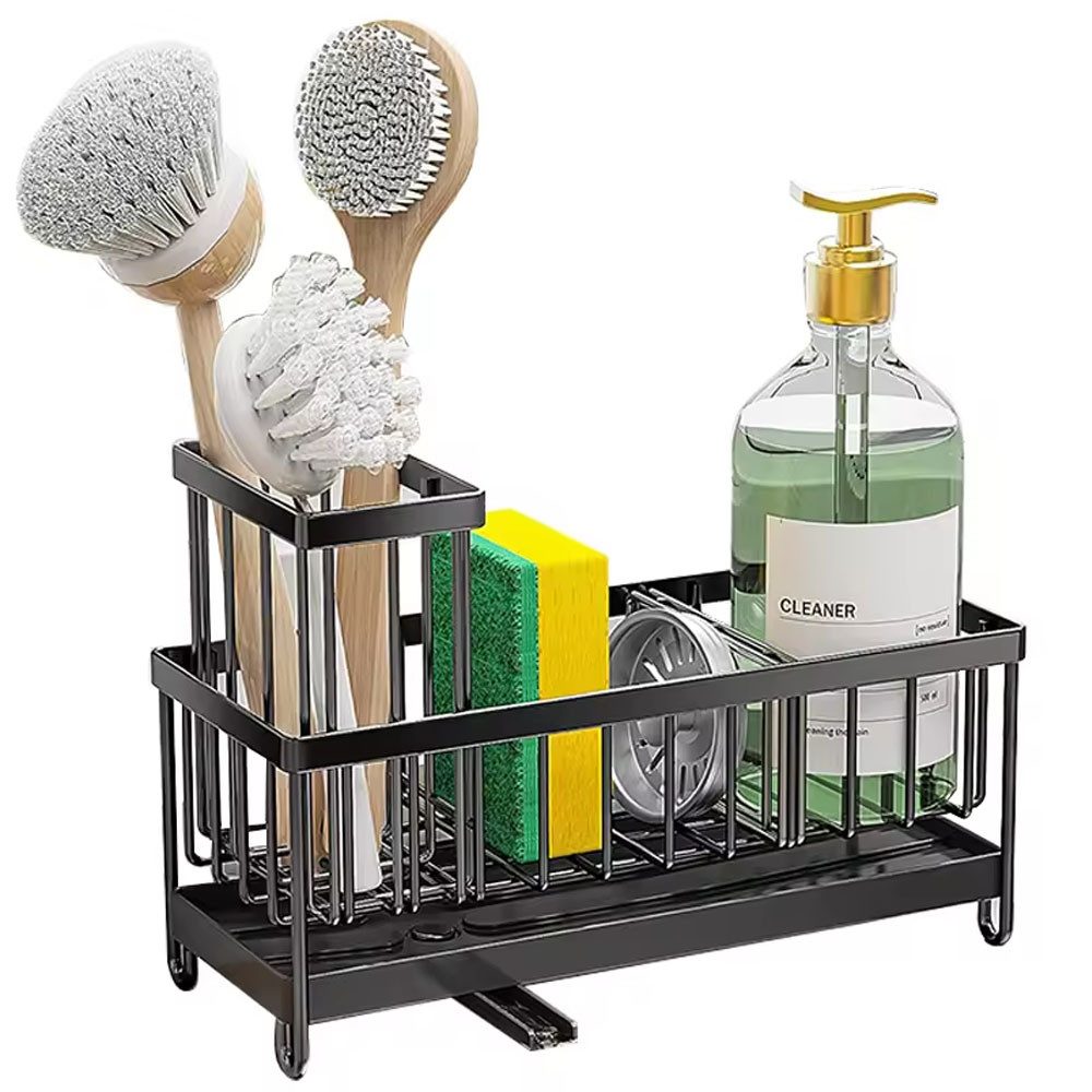 SURFOU Küchenorganizer-Set Spülbecken Organizer Küchen Organizer Spüle Organizer Schwammhalter, (Sink Caddy Kitchen Organizer, Schwammhalter Spülorganizer, Spülmittel Halterung, Spülutensilien Aufbewahrung,Hochwertiger Kohlenstoffstahl, Waschbecken Abwasch Organizer für küche und bad, 1-tlg., Spülmittel Halterung, von bürsten, schwämmen und reinigungsmitte), mit 360° drehbares Ablaufrohr, Schwarz, 23,5*10,2*9/16cm