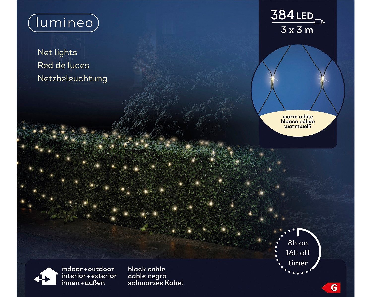 Lumineo LED-Lichterkette Lumineo Netzbeleuchtung 384 LED 3 x 3 m warm weiß, schwarzes Kabel, Indoor/Outdoor, 300 x 300 cm, 8h-Timer
