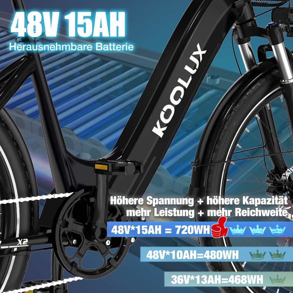 KOOLUX E-Bike 26/27,5 Zoll Elektrofahrrad für Damen/Herren,elektro-cityrad, Heckmotor, 720 Wh, Elektrofahrrad 7-Gang Shimano 48V15AH Herausnehmbare Batterie