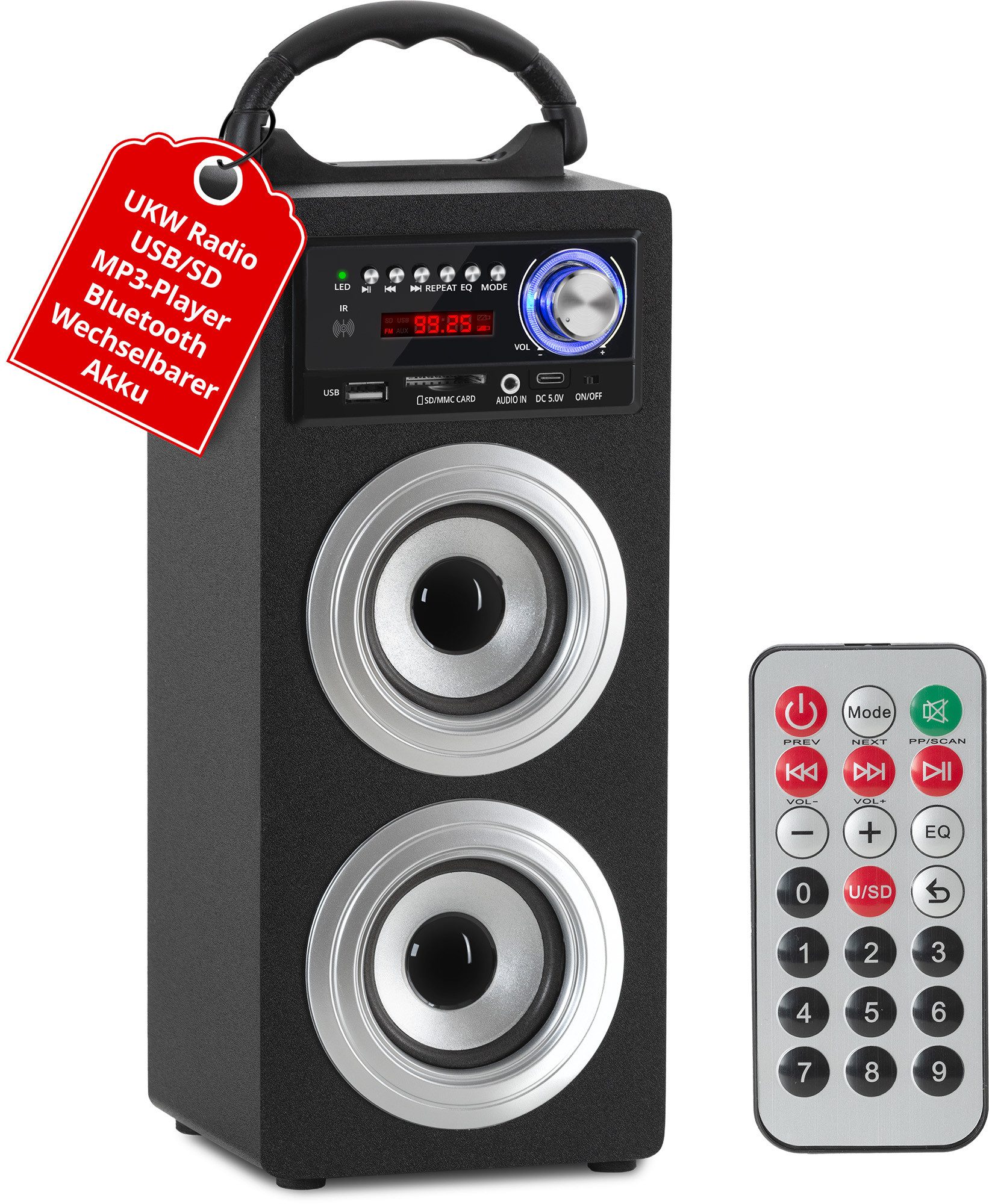 McGrey Tragbarer Speaker für vielseitigen Einsatz inklusive Fernbedienung - Bluetooth-Lautsprecher (6 W, FM-Radio mit 30 speicherbaren Senderplätzen integriert)