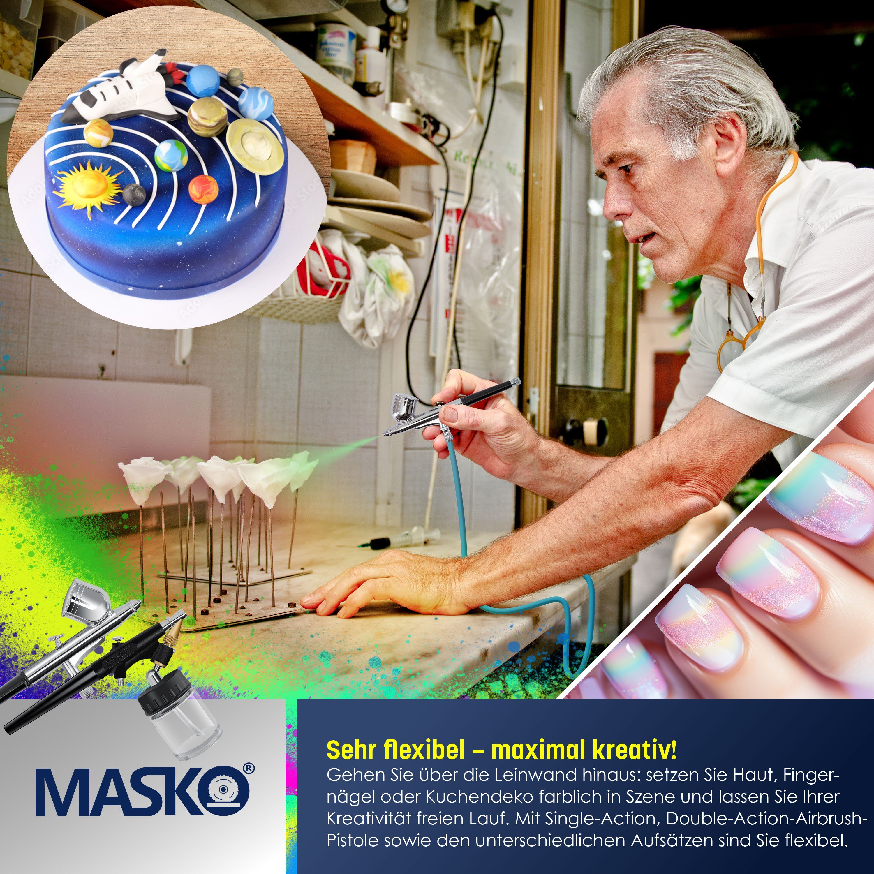inkl. 4 Kompressor Airbrush-Set mit bar Airbrush-Pistolen silber MASKO Farbsprühgerät,