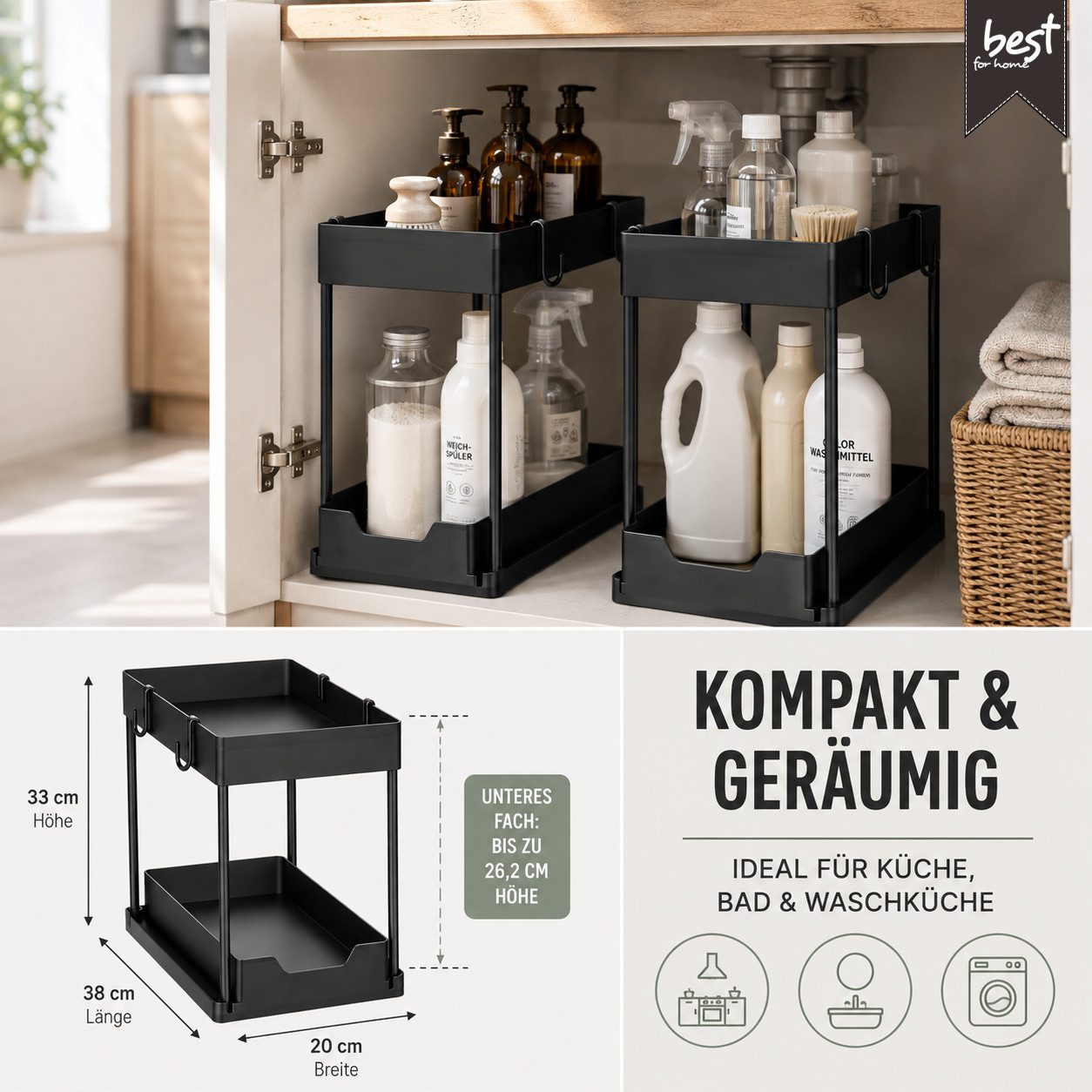 Best for Home Küchenorganizer-Set Küchen Organizer 2er-Set mit ausziehbarer Schublade Schwarz für Küche, (2-teilig, 2-tlg., 2er-Set, ca. 38×20×33 cm pro Einheit – Bild 3 von 5