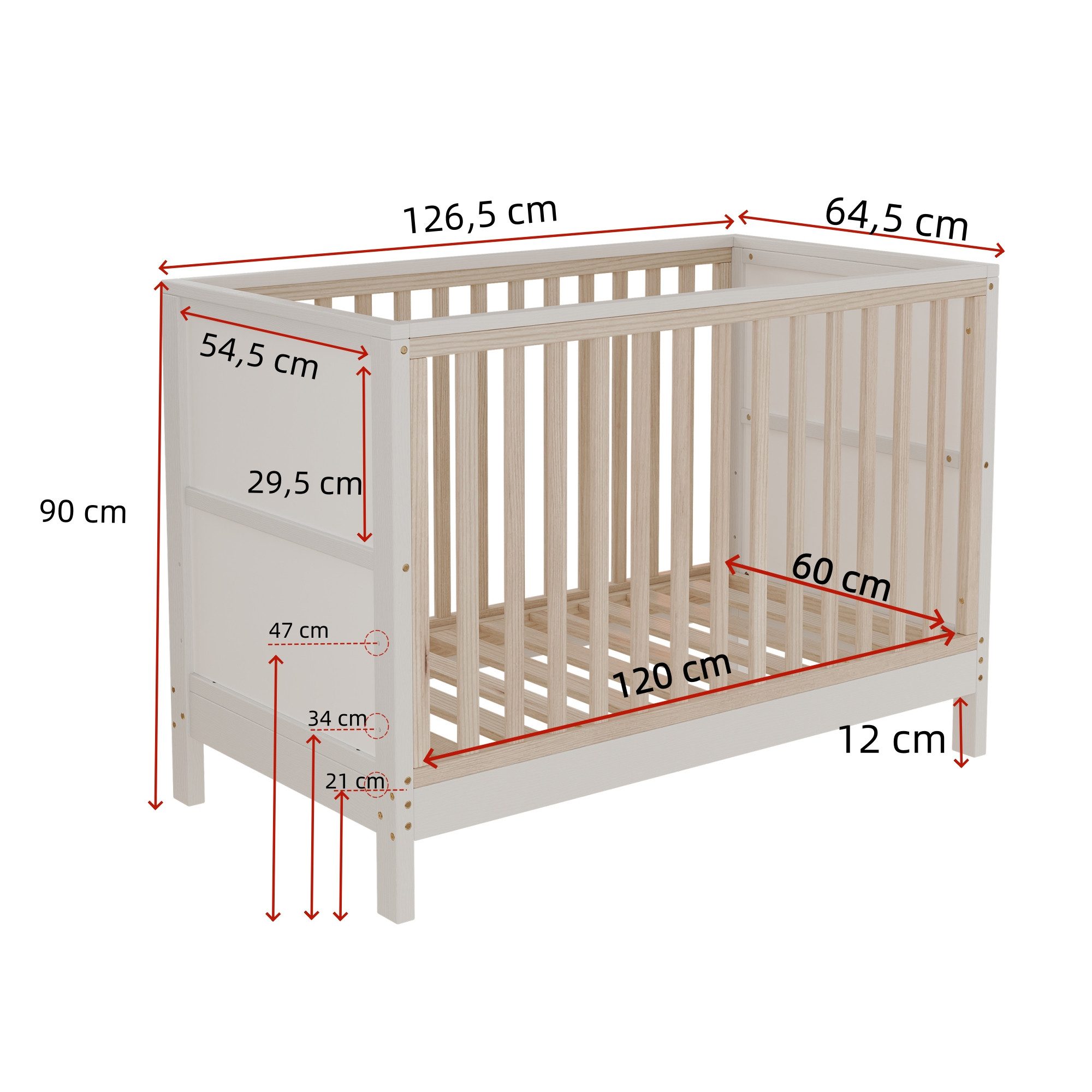 REDOM Babybett Multifunktionales Kinderbett aus holz, bemalbare Tafeln, 1-tlg., 3-fach verstellbar, zu Beistellbett/Couch, 120x60x90 cm, Natur+Weiß