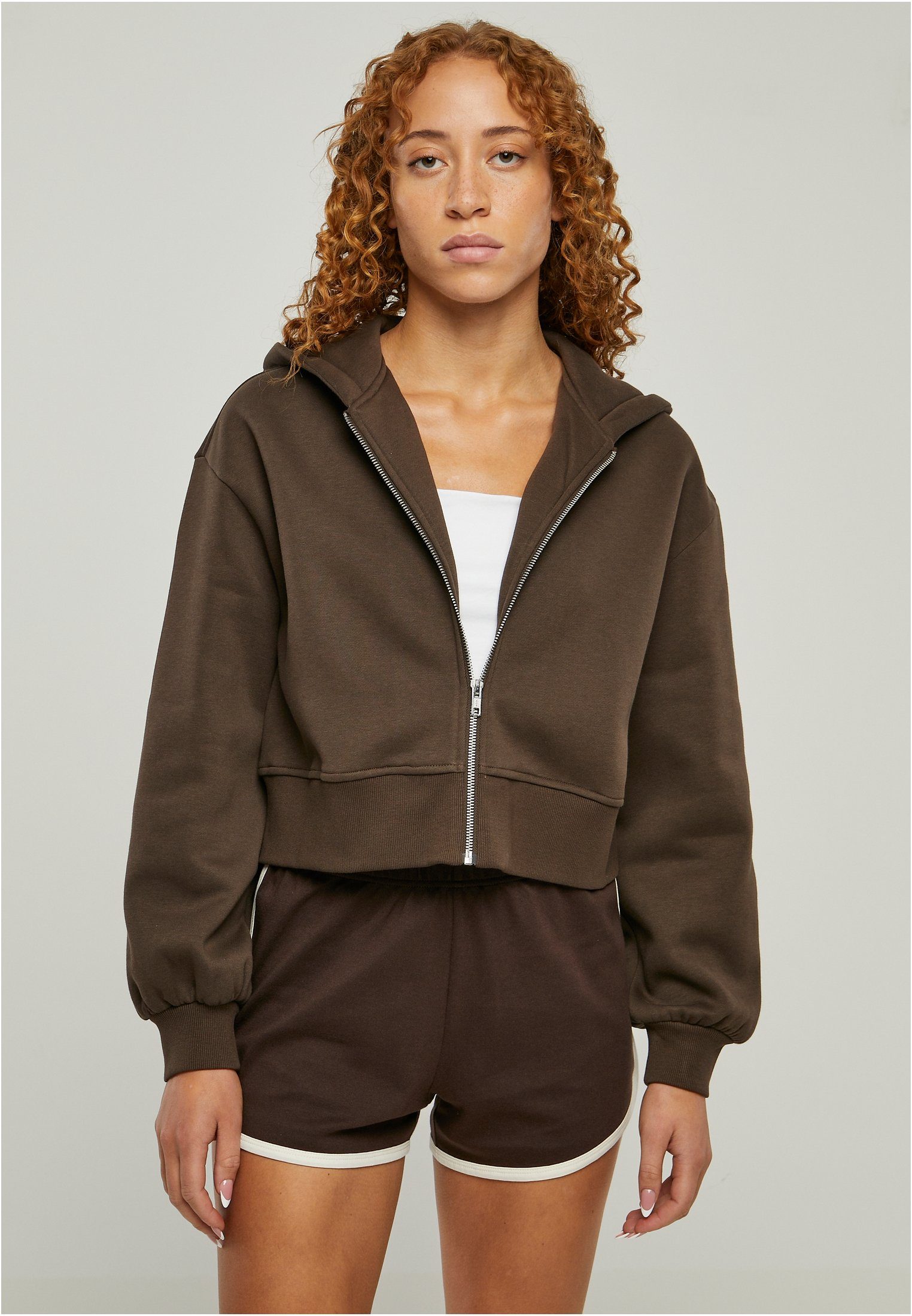 URBAN CLASSICS Sweatjacke Damen Ladies Short Oversized Zip Jacket (1-tlg) brown
