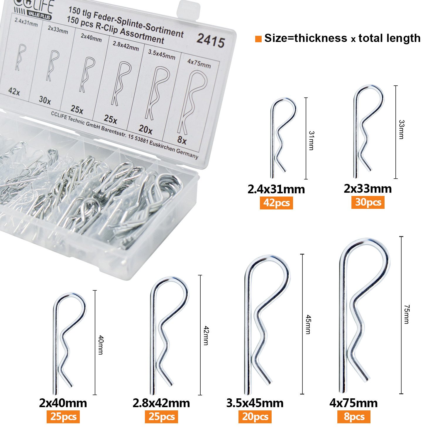 CCLIFE Federsplint Federstecker Set 150 tlg Federvorstecker Federsplint Sortiment, (150-tlg)