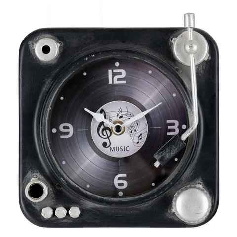 Stagecaptain Wanduhr PSU-1619 Uhr in Plattenspielerform - Turntableuhr mit Notenverzierung (Metall Wanddekoration im Plattenspieler Design mit Reglern und Tonarm)