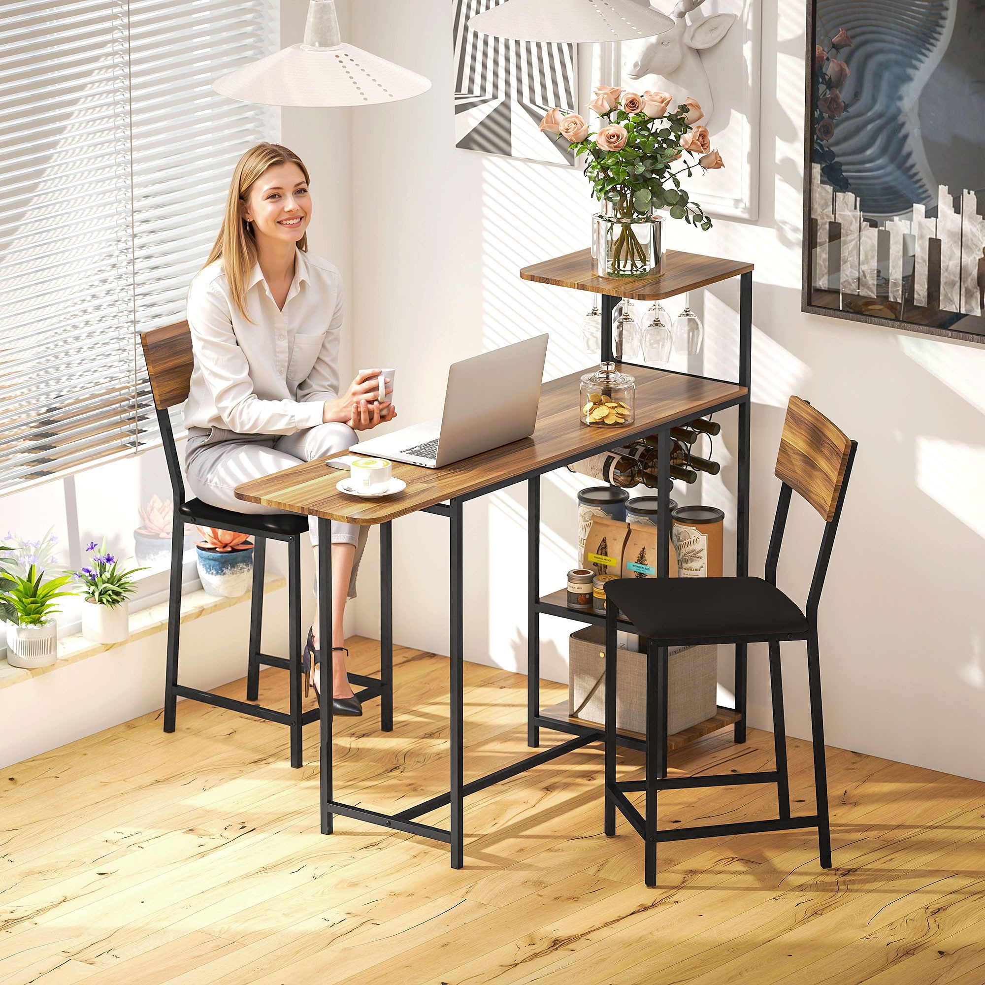 HOMCOM Bargruppe Küchentisch, Tresentisch mit Weinglashalter, Weinregal und Ablage, (Bartisch mit Barhocker Set, 3-tlg., Bartisch-Set), im Modern-Stil, für Esszimmer, Küche, Stahl, Braun