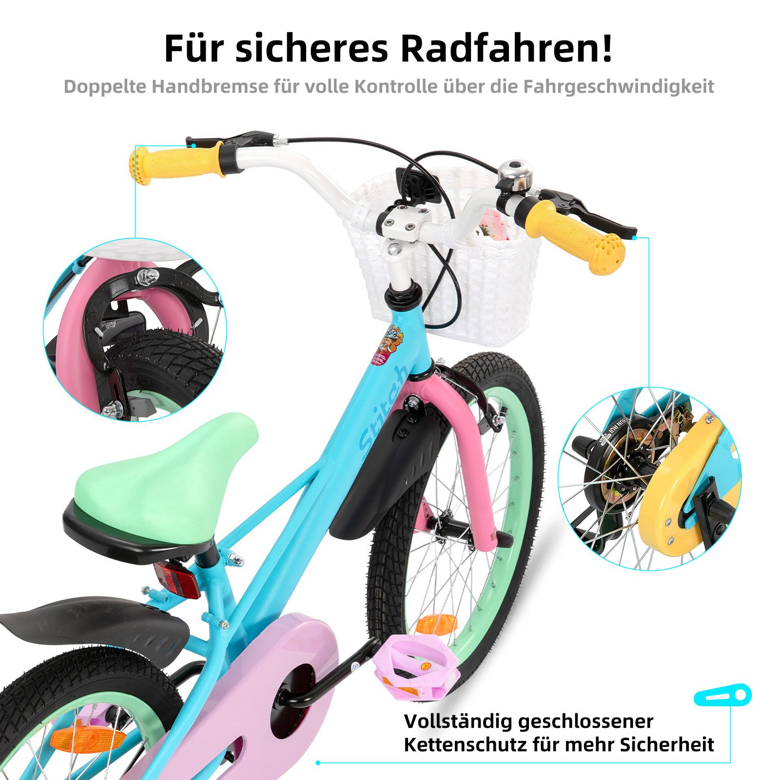 JOYSTAR Kinderfahrrad Macarons 12 14 16 18 Zoll fahrrad für 2-9 jährige Mädchen & Jungen, mit Korb,Stützrädern, Kotflügel, Korb, Fahrradklingel, Reflektorplatte