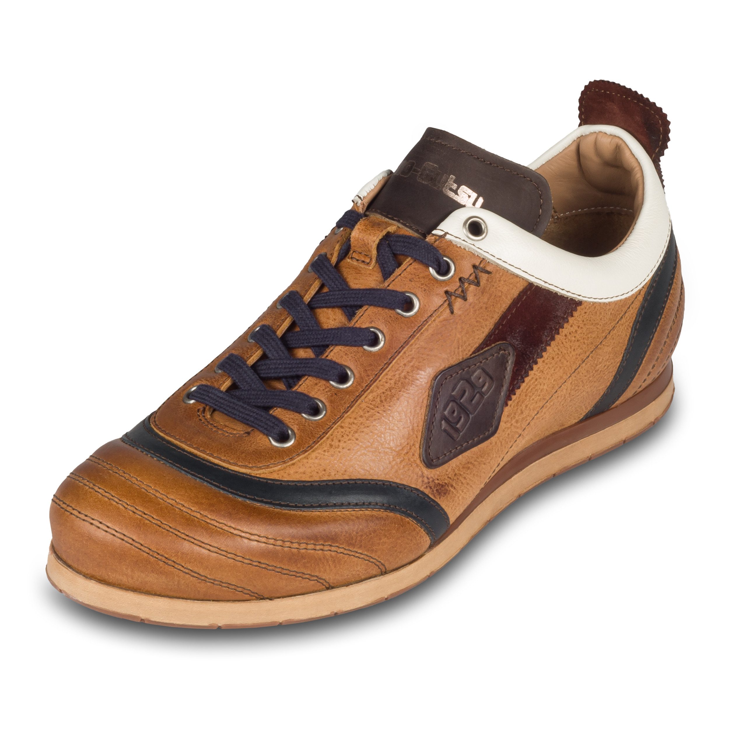 Kamo-Gutsu Herren Sneaker Leder braun/blau (IFO-060 cammello sisento), Retro Sneaker Handgefertigt in Italien