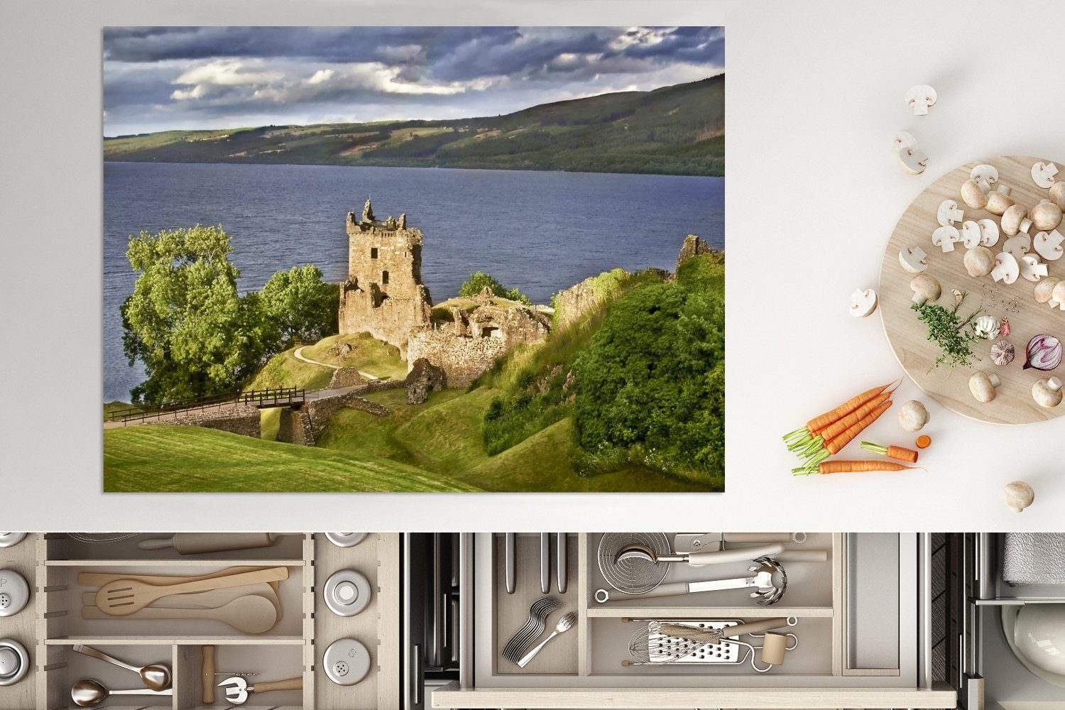 tlg), nutzbar, Burg Arbeitsfläche Schottland (1 Vinyl, cm, Ruine, Herdblende-/Abdeckplatte - Mobile MuchoWow Ceranfeldabdeckung 70x52 -
