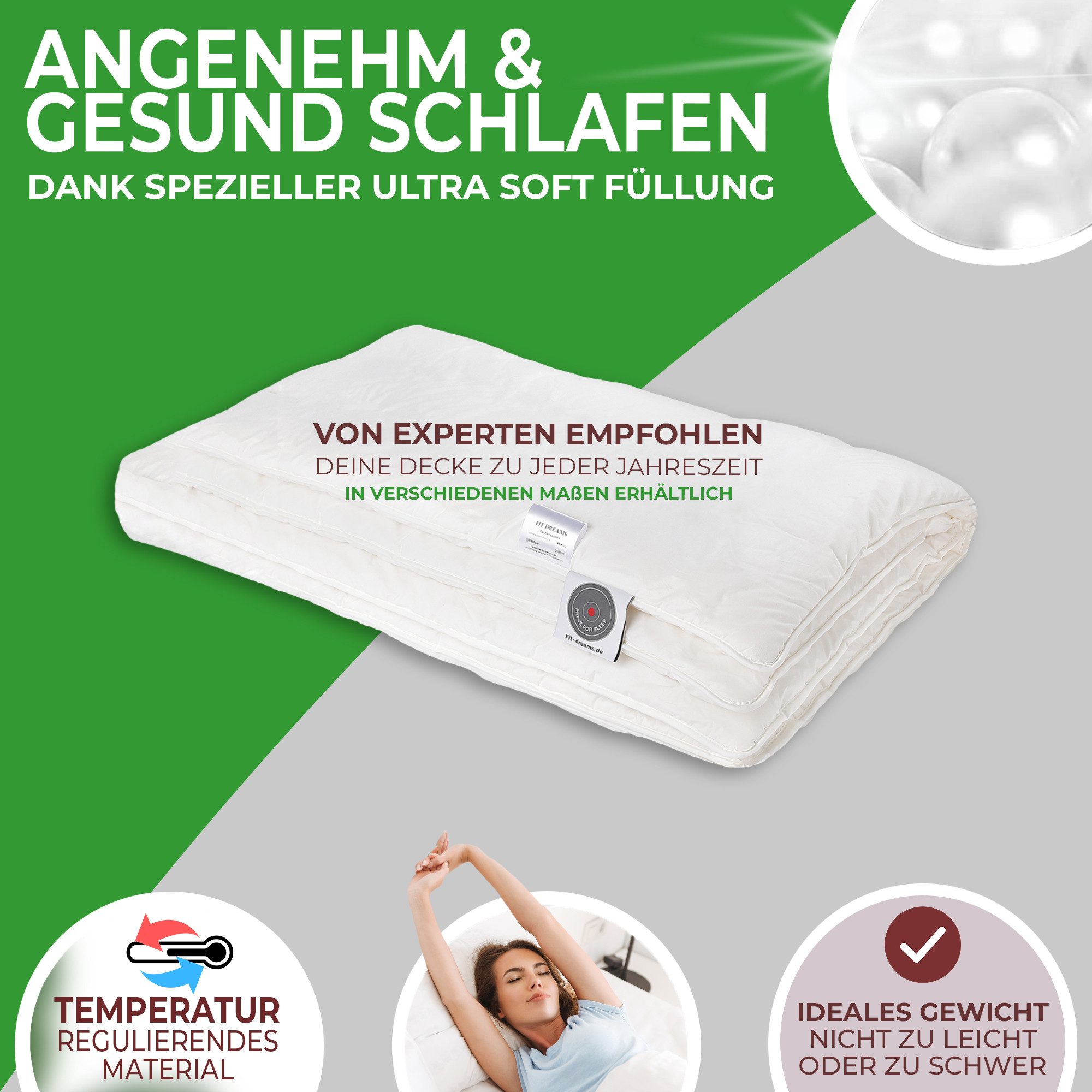 FIT DREAMS PRESS FOR SLEEP Bett-Set Premium Ganzjahresdecke - klimaregulierend inkl. Tragetasche, Füllung: 100% Natur-Vliesmischung aus 60% Leinen, 40% Lyocell-Cell Solution - 135x200 - 155x220 - 200x200, natürliche Ganzjahresdecke - vegane Steppdecke - Bestseller