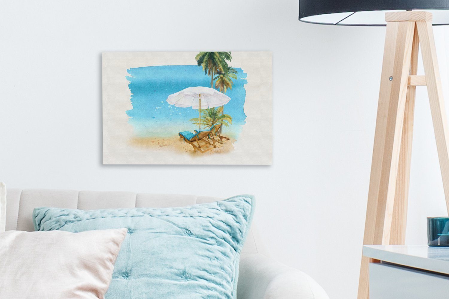 Leinwandbild - Wandbild OneMillionCanvasses® - Wasserfarben, Wanddeko, cm St), Sonnenschirm Aufhängefertig, 30x20 - (1 Strandkorb Leinwandbilder, Palmen
