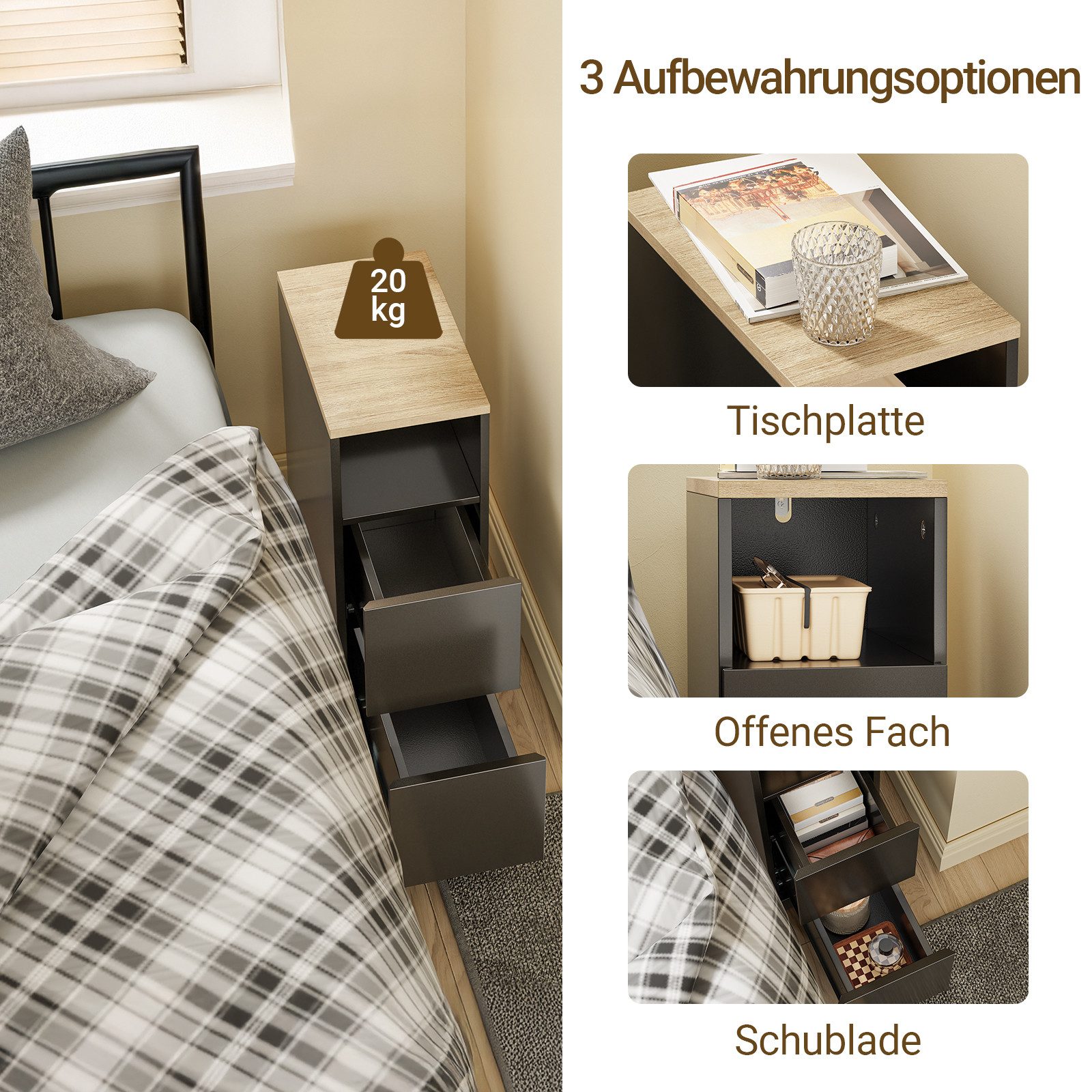 SoBuy Beistelltisch FBT149, Nachtschrank Beistelltisch mit 2 Schubladen, Nachttisch schmal, Platzsparendes Möbelstück für Schlafzimmer & Nischen, Ideal für Miet – Bild 5 von 5